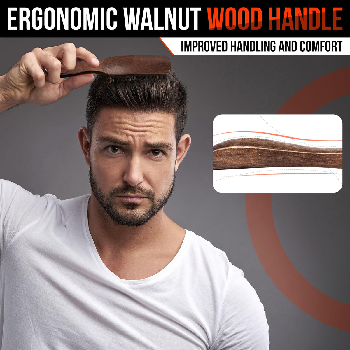 100% Wild Boar Bristle Hair Brush for Men, Stiff Bristles for Thick Hair, Ergonomically Designed Walnut Handle, Ideal for Detangling, Smoothing, Wave Styles - Belongtous