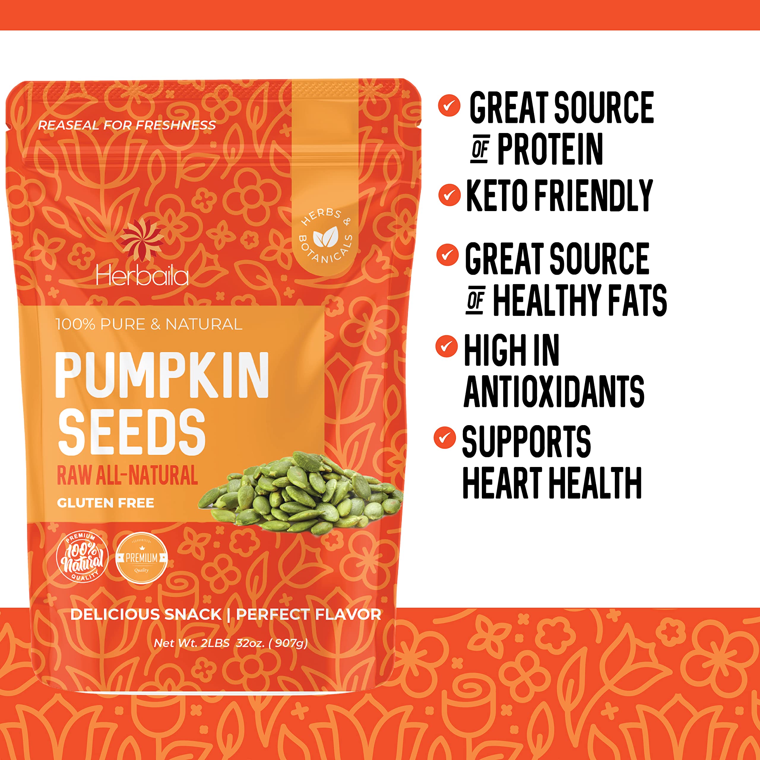 Herbaila Pumpkin Seeds Raw Unsalted, 2 lbs. Pepitas Raw Pumpkin Seeds Unsalted, Pumpkin Seed, Shelled Pumpkin Seeds, Unsalted. All Natural, Non-GMO, Shelled Raw Pepitas Pumpkin Seeds 32oz.