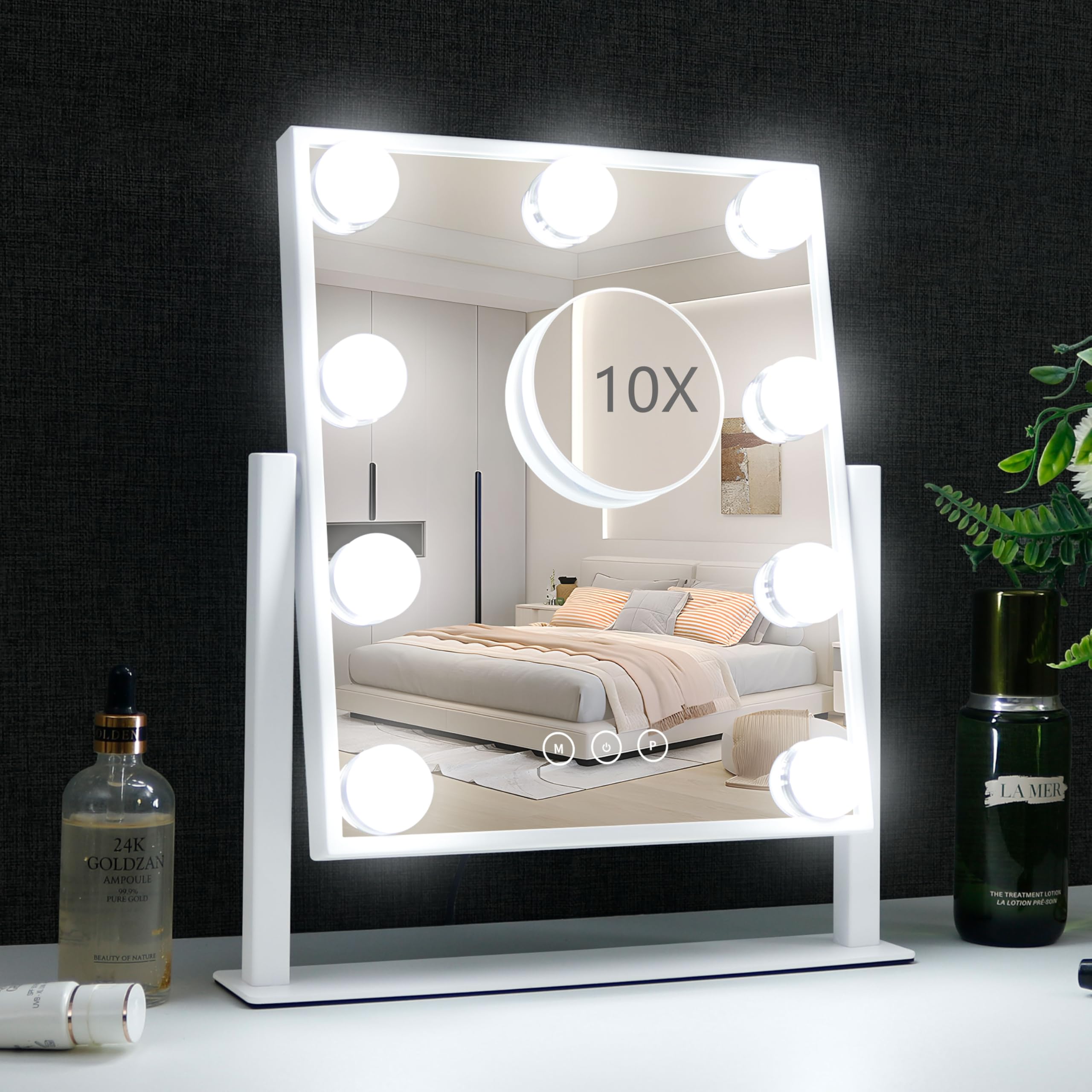 Vanity Mirror with Lights,Lighted Vanity Mirror with 9 Dimmable Bulbs for Dressing Room & Bedroom 3 Color Lighting Modes Detachable 10x Magnification 360°Ratation