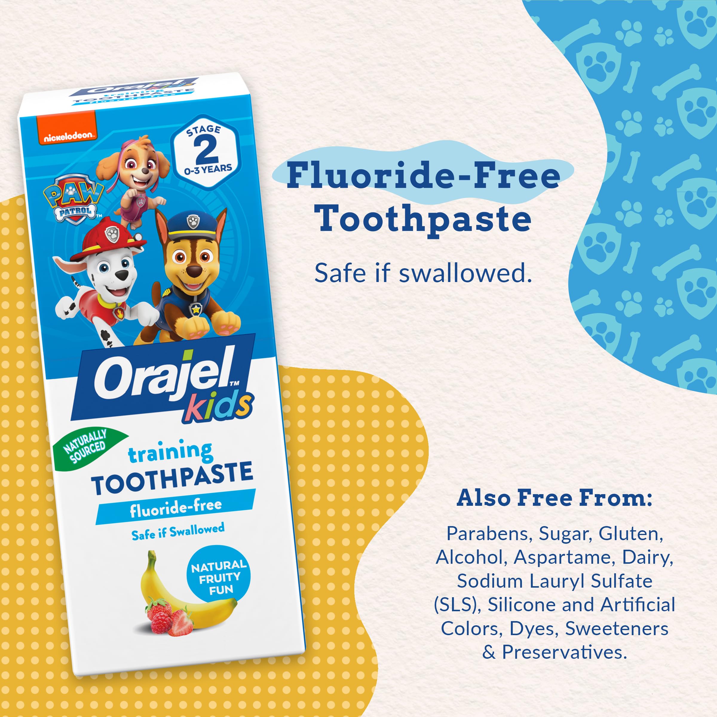 Orajel Kids Paw Patrol Fluoride-Free Training Toothpaste, Natural Fruity Fun Flavor, #1 Pediatrician Recommended , 1.5oz Tube