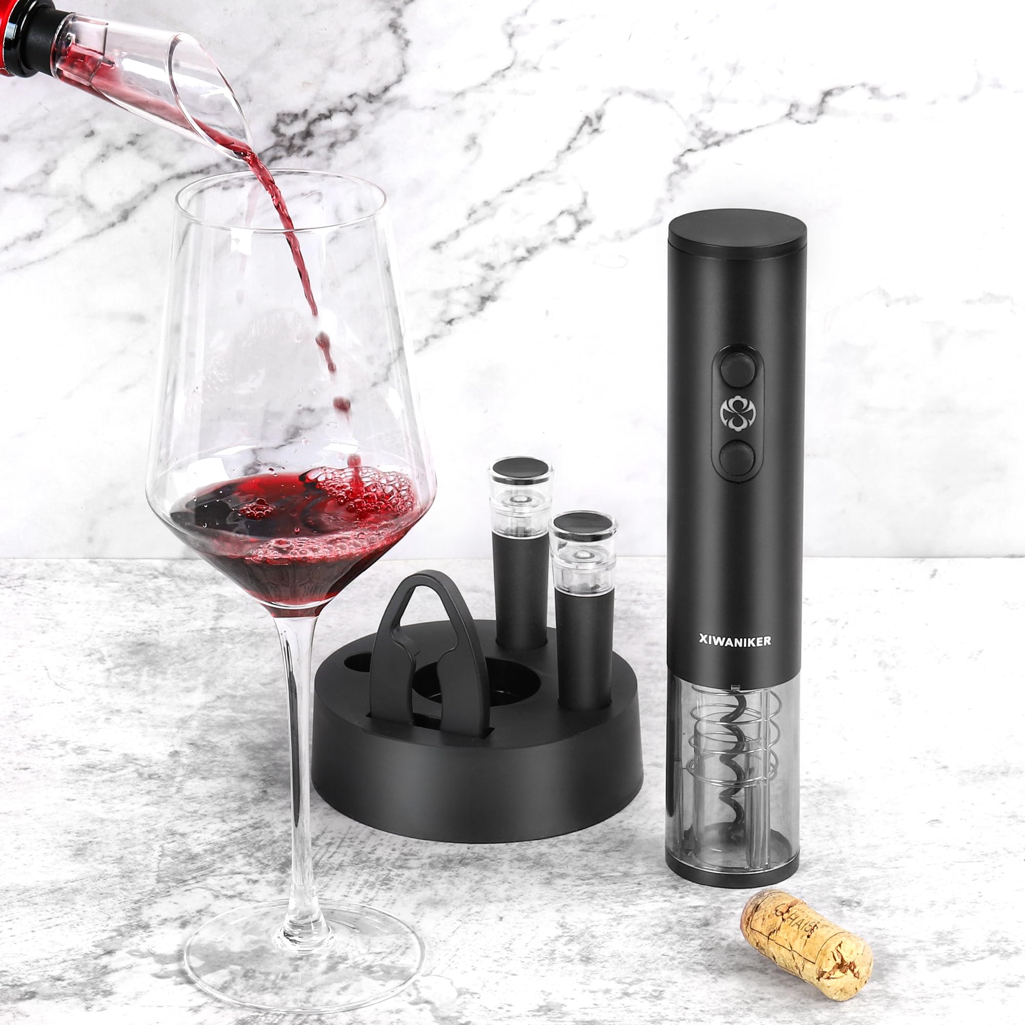 XIWANIKER Electric Wine Opener Set, Cordless Battery Operated Corkscrew, Storage Base, Foil Cutter, Pourer, 2pcs Vacuum Stoppers