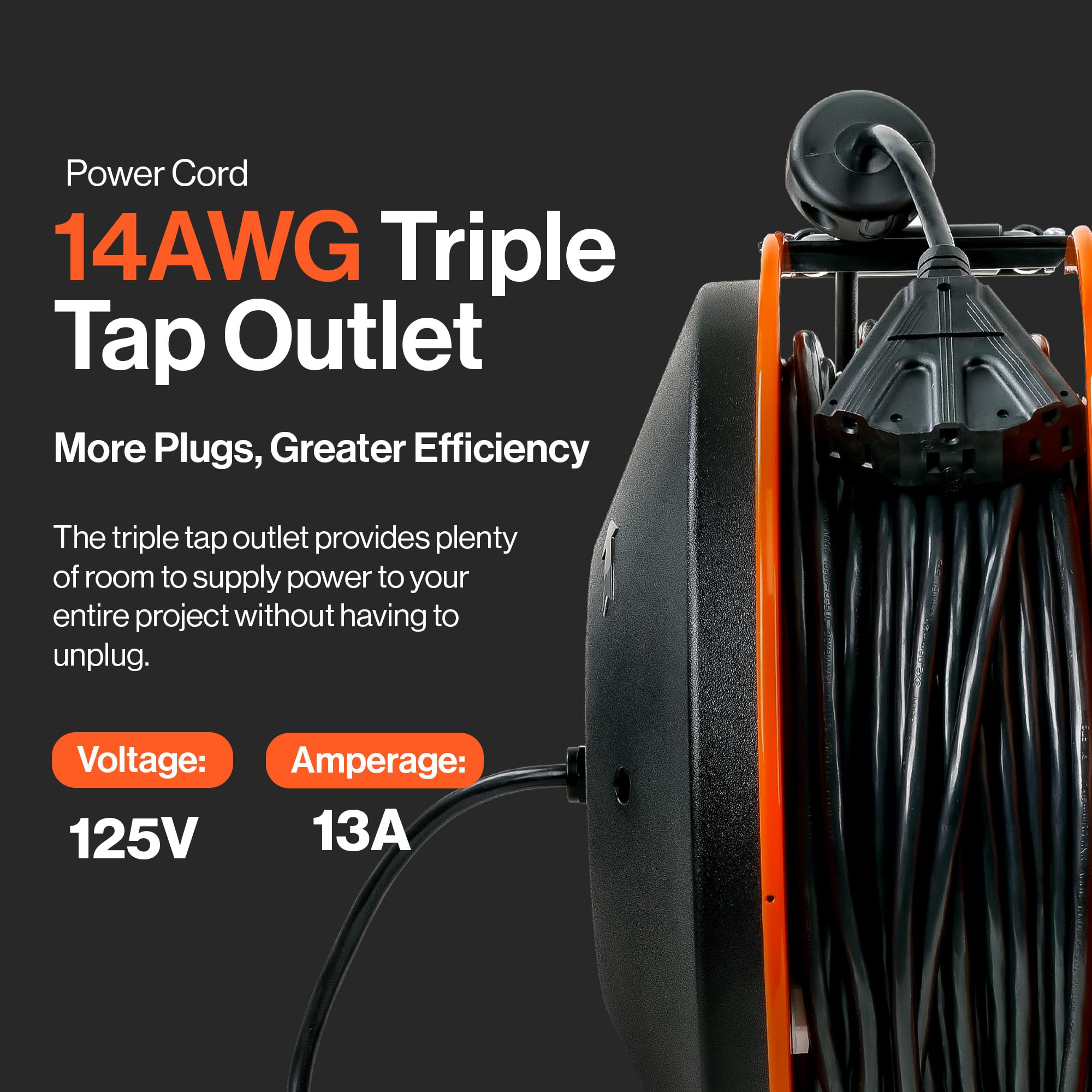 SuperHandy Extension Cord Reel Retractable 14AWG x 100' Feet 3C SJTOW Cable Triple Tap Connector Power Rating 125 Volt AC 13 Amp 1625 Watt Industrial Steel Single Arm