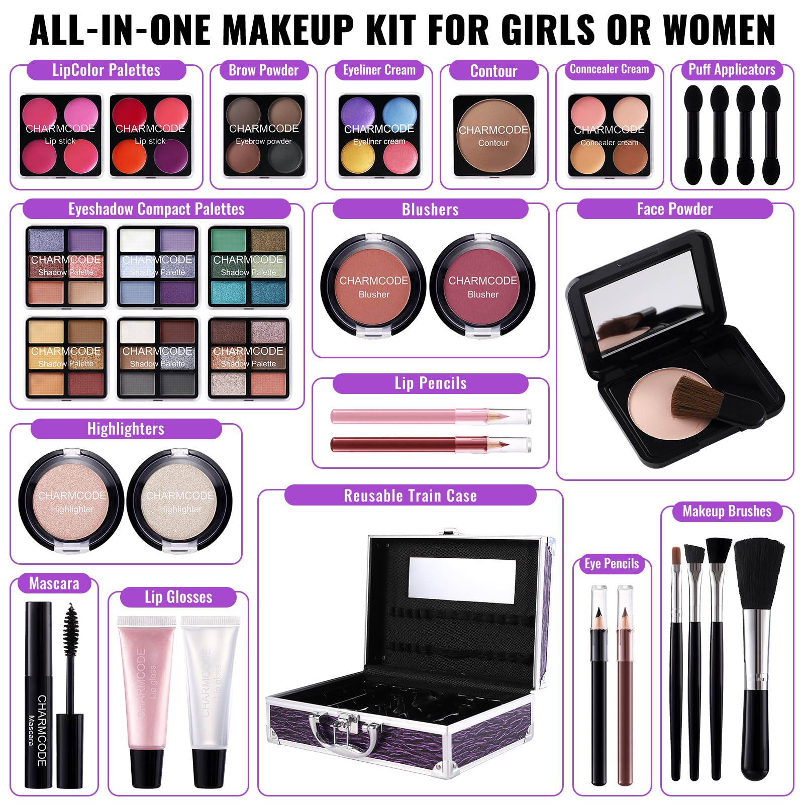 Makeup Kit for Teen Girls & Women Full Kit, Beauty Train Case with Starter Cosmetic Set, Make Up Valentine's Day Gift Box with Eyeshadow,Lipgloss,Highlighter,Blush,Lip&Eye Pencils,Brush & More(Purple)