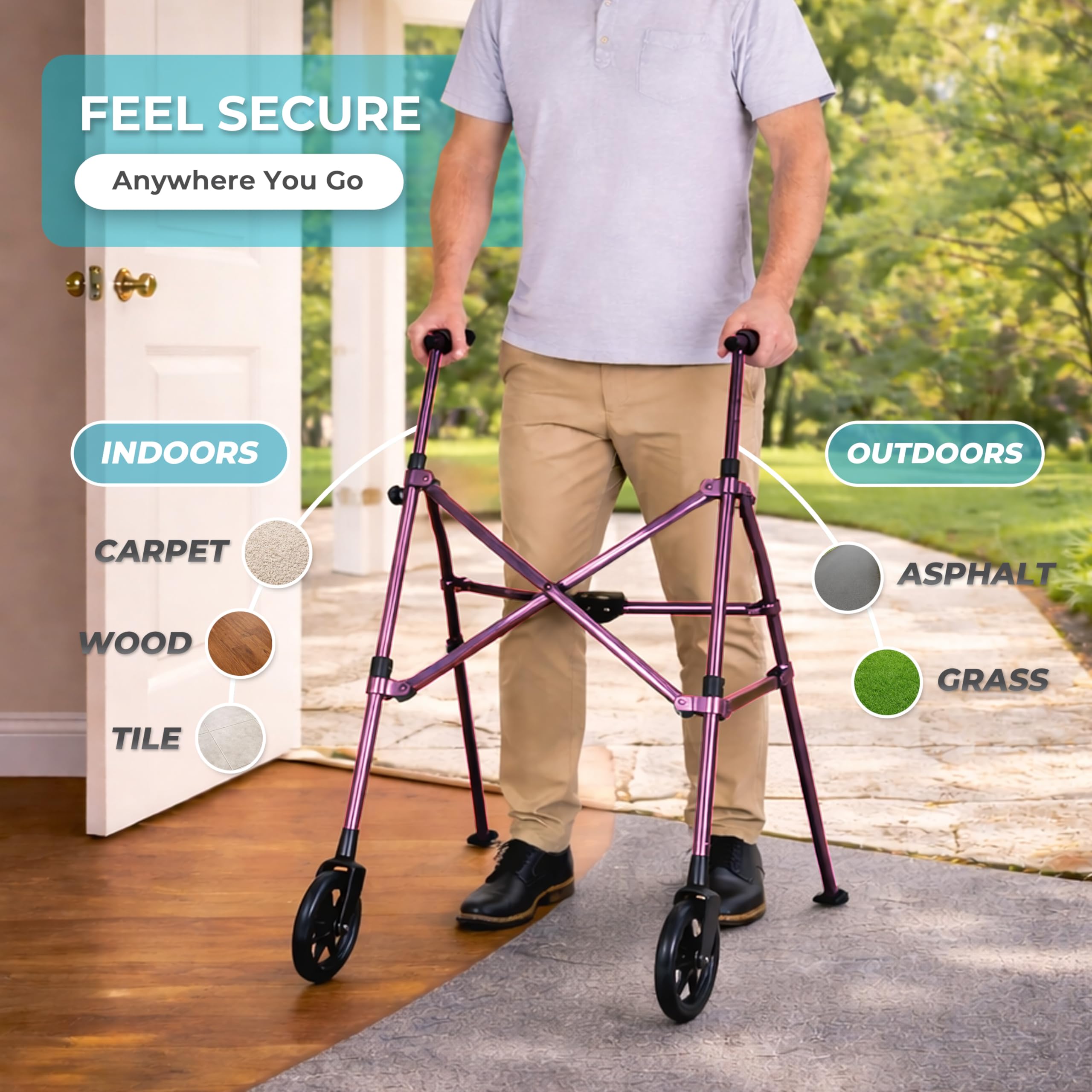Stander Space Saver Walker, Lightweight Folding Rolling Mobility Aid for Seniors & Adults, Compact 2-Wheel Disability Device with 6-inch Wheels & Ski Glides for Walking Support, Regal Rose