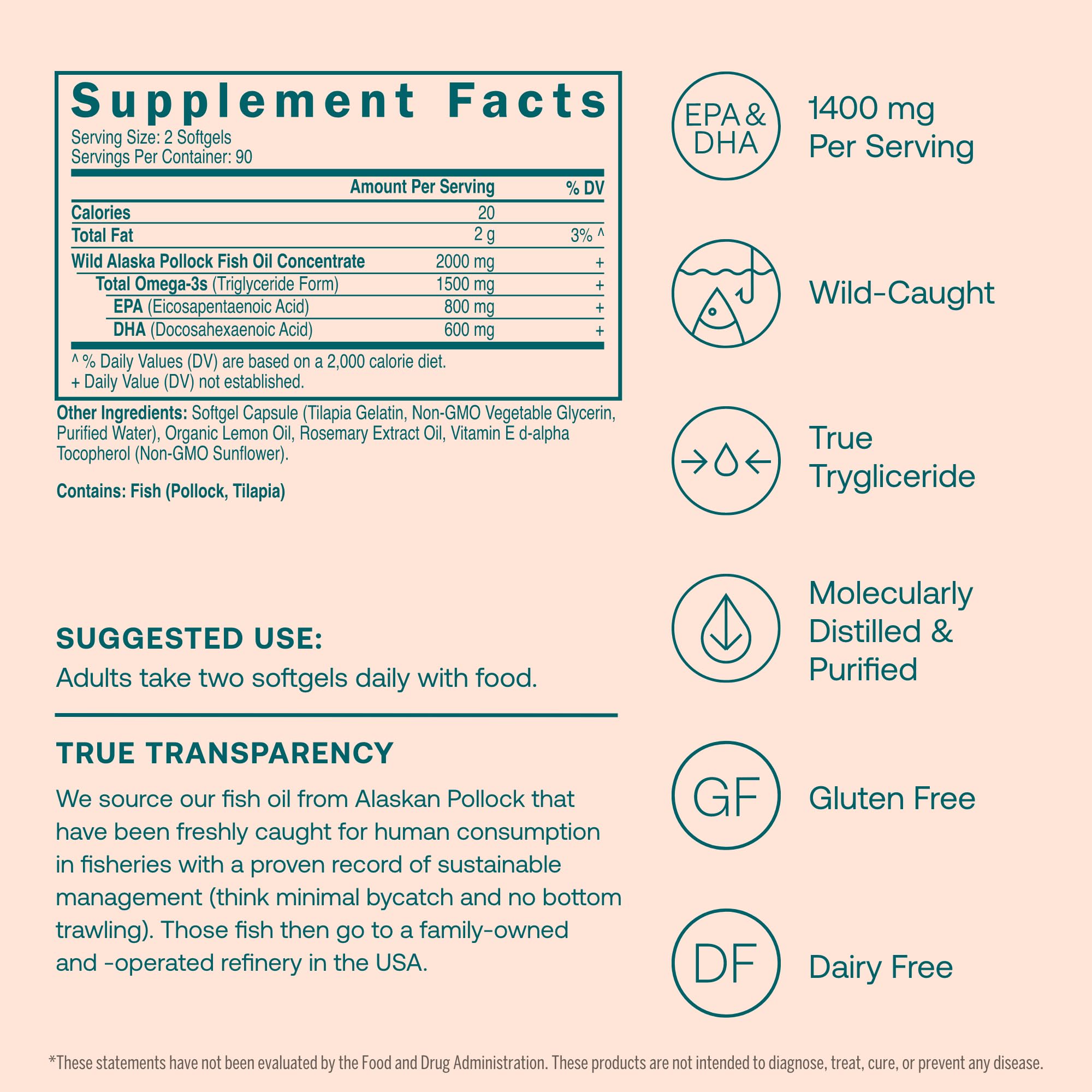 True Grace Omega-3 Fish Oil - 180 Softgels - 1400 mg EPA + DHA - Brain, Heart, Joint & Immune Health - Organic, Gluten Free, Soy Free