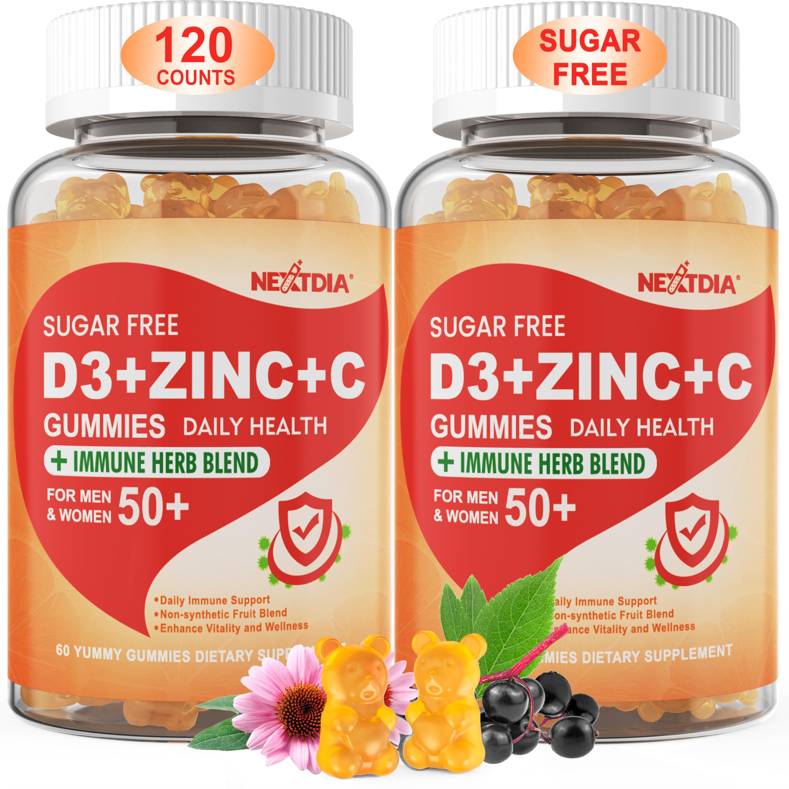 Sugar Free Vitamin C + D3 + Zinc Gummies for Adults 50 +, 9 in 1 Immune Defense Supplement with D3 5000IU, Elderberry, Echinacea, Mullein Leaf for Boost Immunity, Power Antioxidant, Vegan (Pack of 2)