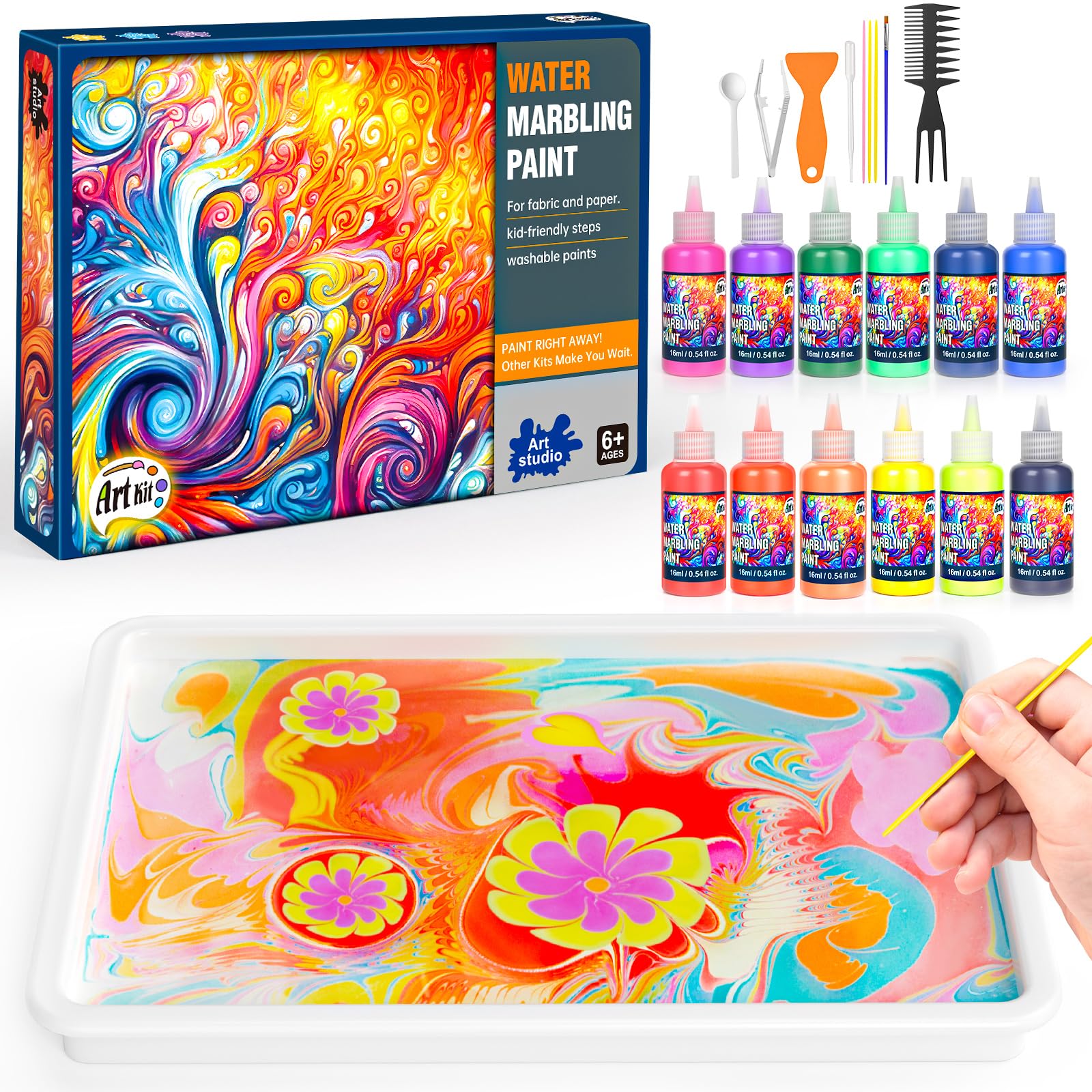 Water Marbling Paint Kit for Kids - Paint Craft Kits 12 Colors Arts and Crafts for Girls & Boys Age 6 7 8 9 10 12 Year Olds Paint Gift Birthday Christmas Thanksgiving Day Activities Toys