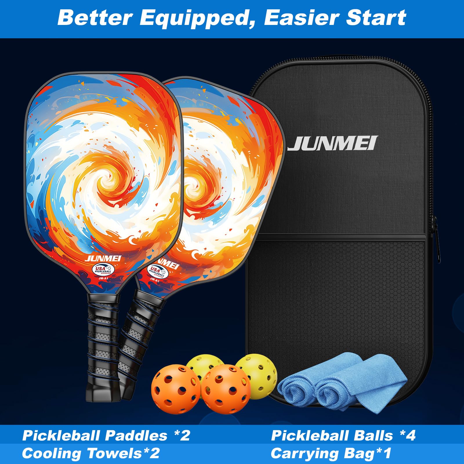 JUNMEI Pickleball Paddles,USAPA Approved Lightweight Fiberglass Pickleball Paddles Set of 2,Pickleball Rackets Set with Pickleball Paddle Bag and 4 Balls,Best Pickleball Gifts for Men Women