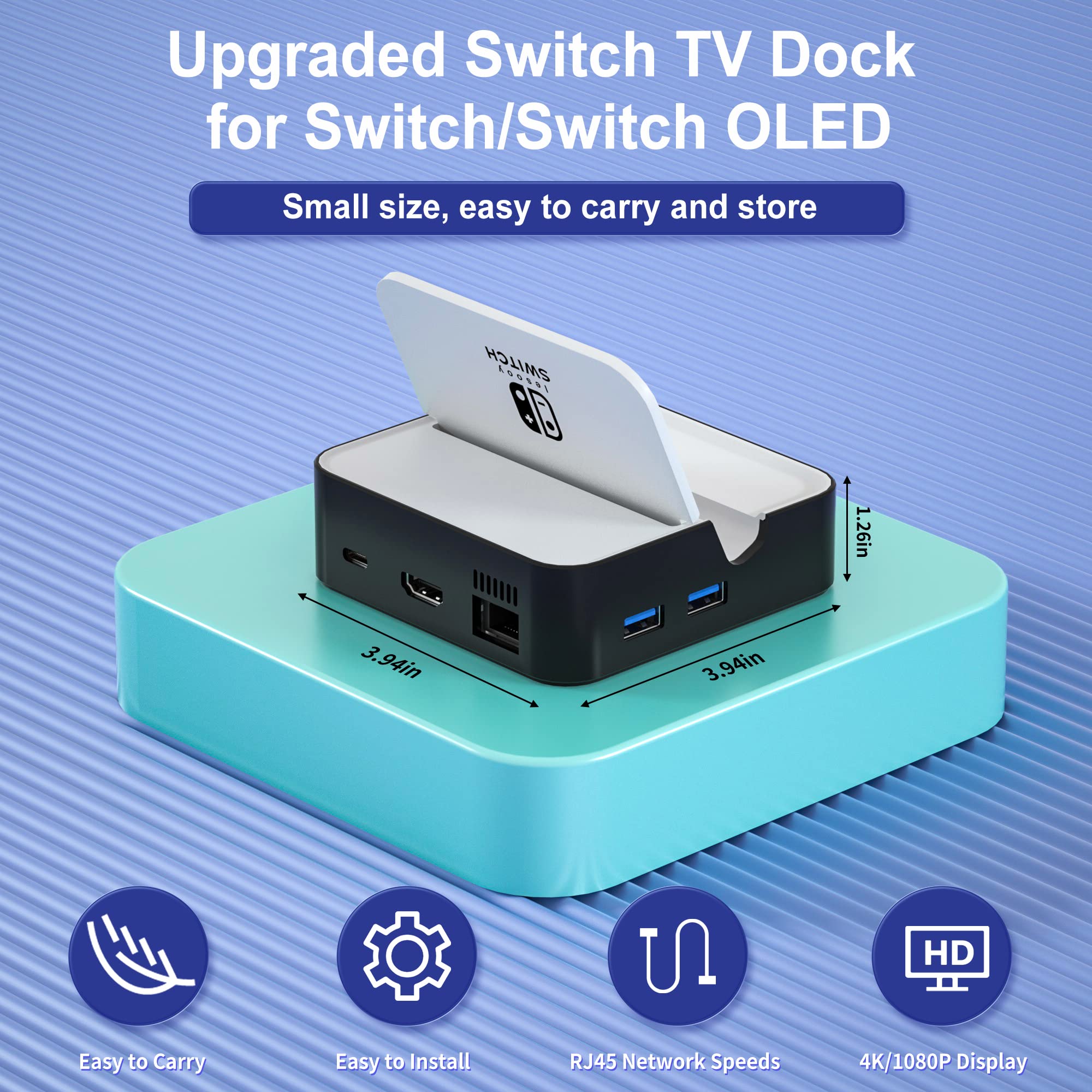 TV Docking Station for Nintendo Switch/Nintendo Switch OLED Model, 6-in-1 Switch Dock with HDMI 2.0, 100Mbps Ethernet, 2 USB-A 2.0, 1 USB 3.0,100W USB-C Charging Port, Supports YouTube On TV