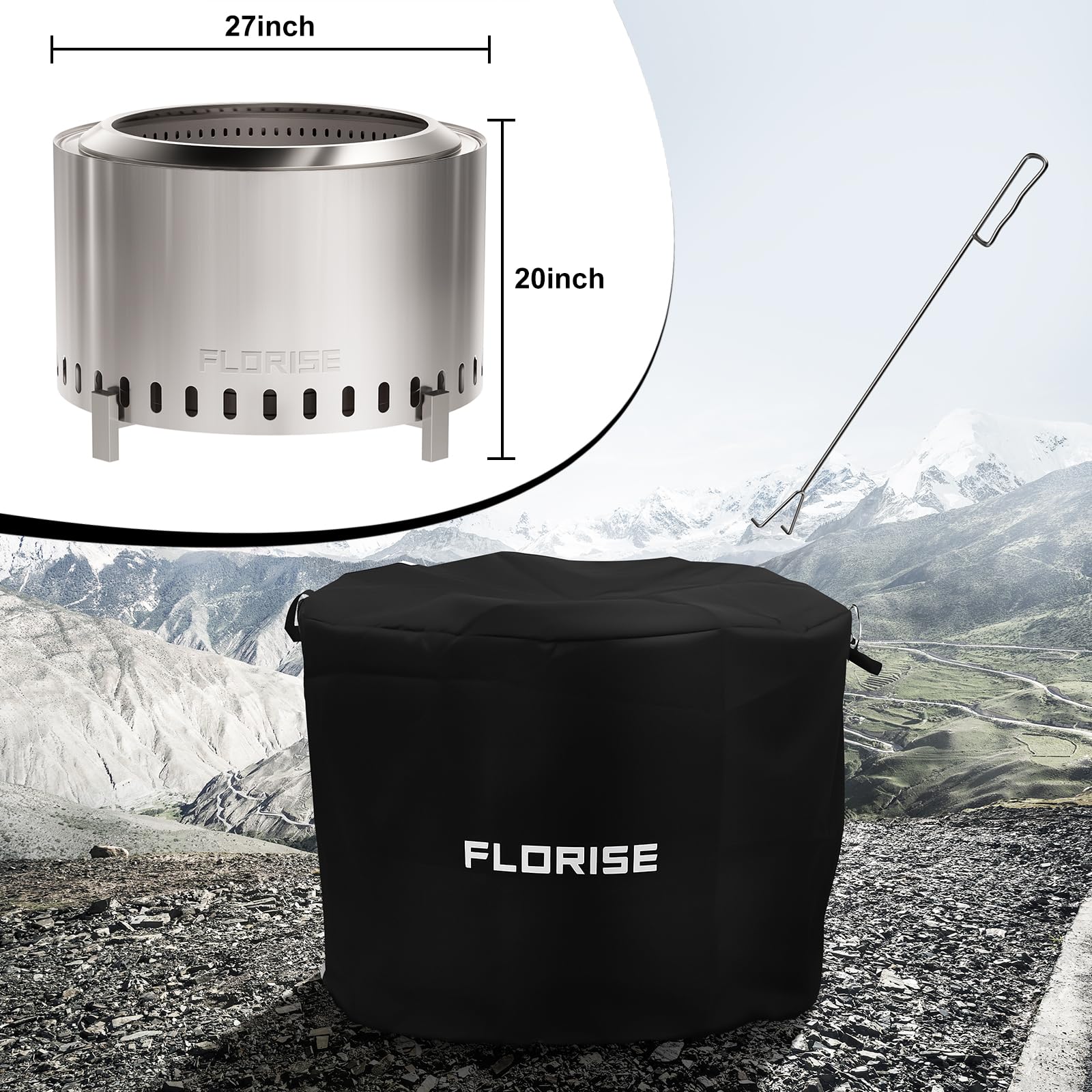 Florise 27 Inch Smokeless Fire Pit, Outdoor Portable Firepit with Waterproof Cover & Poker, Stainless Steel Wood Burning Fireplace for Outside,Patio, Camping, Bonfire, Silver