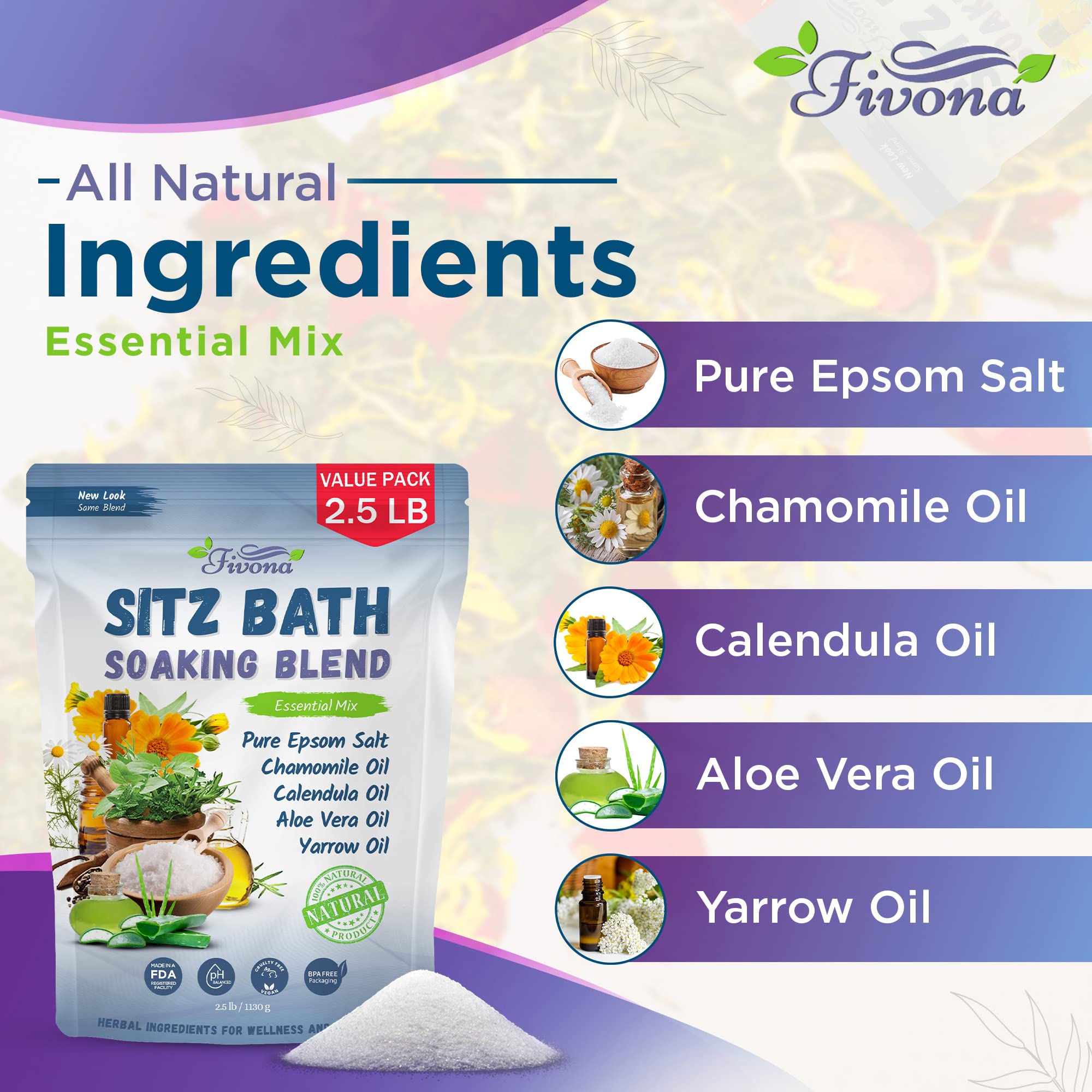 Fivona 2 in 1 Sitz Bath Soak Kit for Hemorrhoids and Postpartum Care - Soaking Blend with Epsom Salt and Essential Oils Value Pack 40 oz with Over the Toilet Seat - Fast Irritation Relief at Home