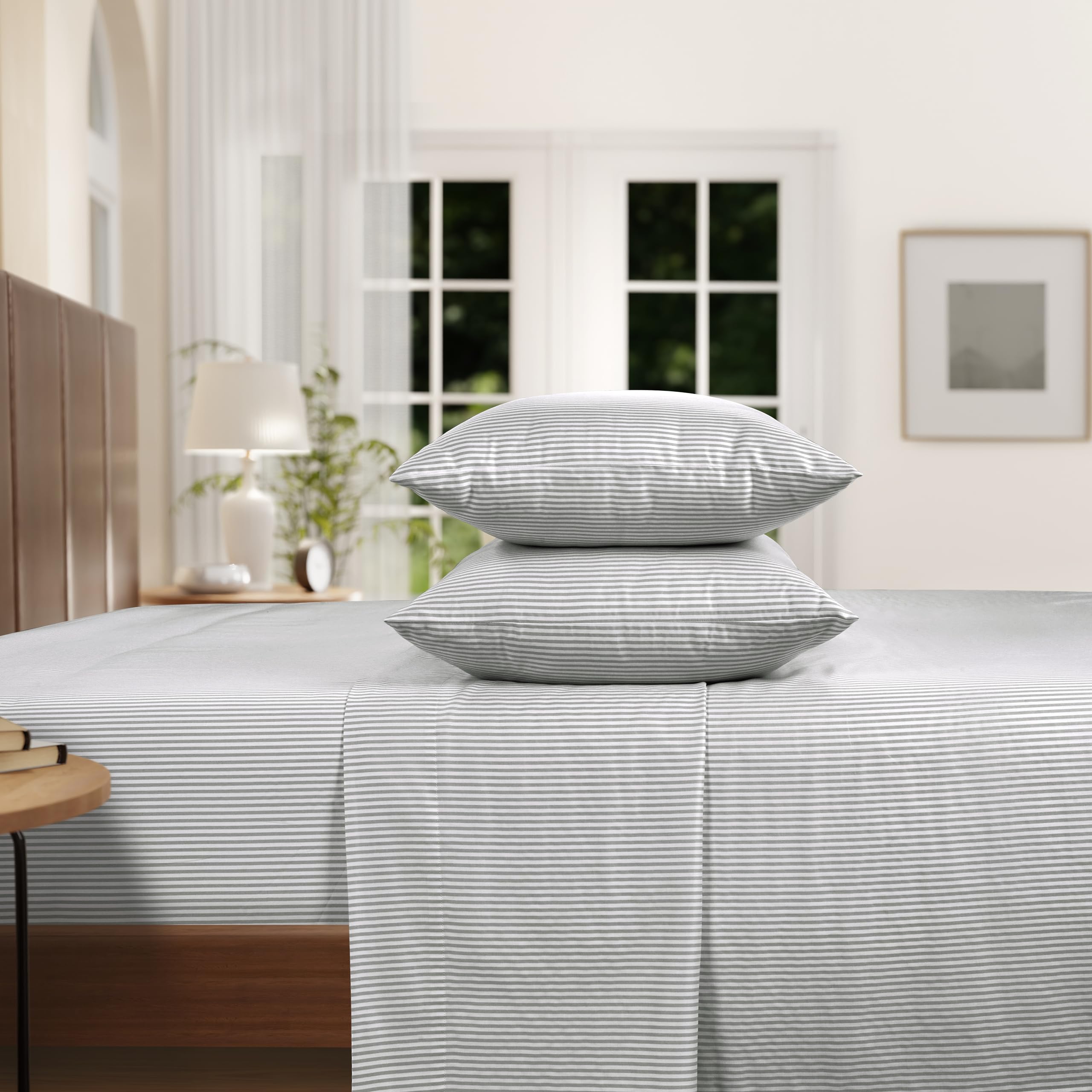 IZOD - Silky Sateen Cotton Sheet Set, Smooth & Buttery Feel, Long-Staple Cotton, Deep Pocket Sheets (300 TC, Queen/Grey Stripe)