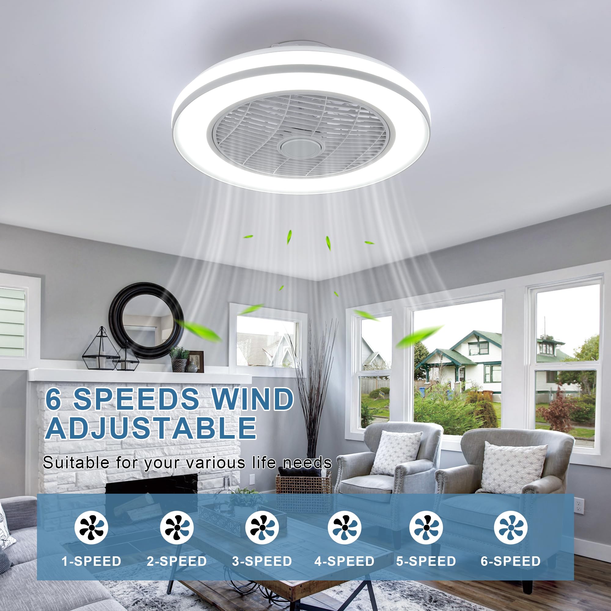 HUMHOLD 20" Ceiling Fan with Lights, Enclosed Ceiling Fan with Light Low Profle Flush Mount Led Bladeless Ceiling Fan -Remote Control 6 Wind Speeds and 3 Colors Adjustment for Bedroom/Living Room