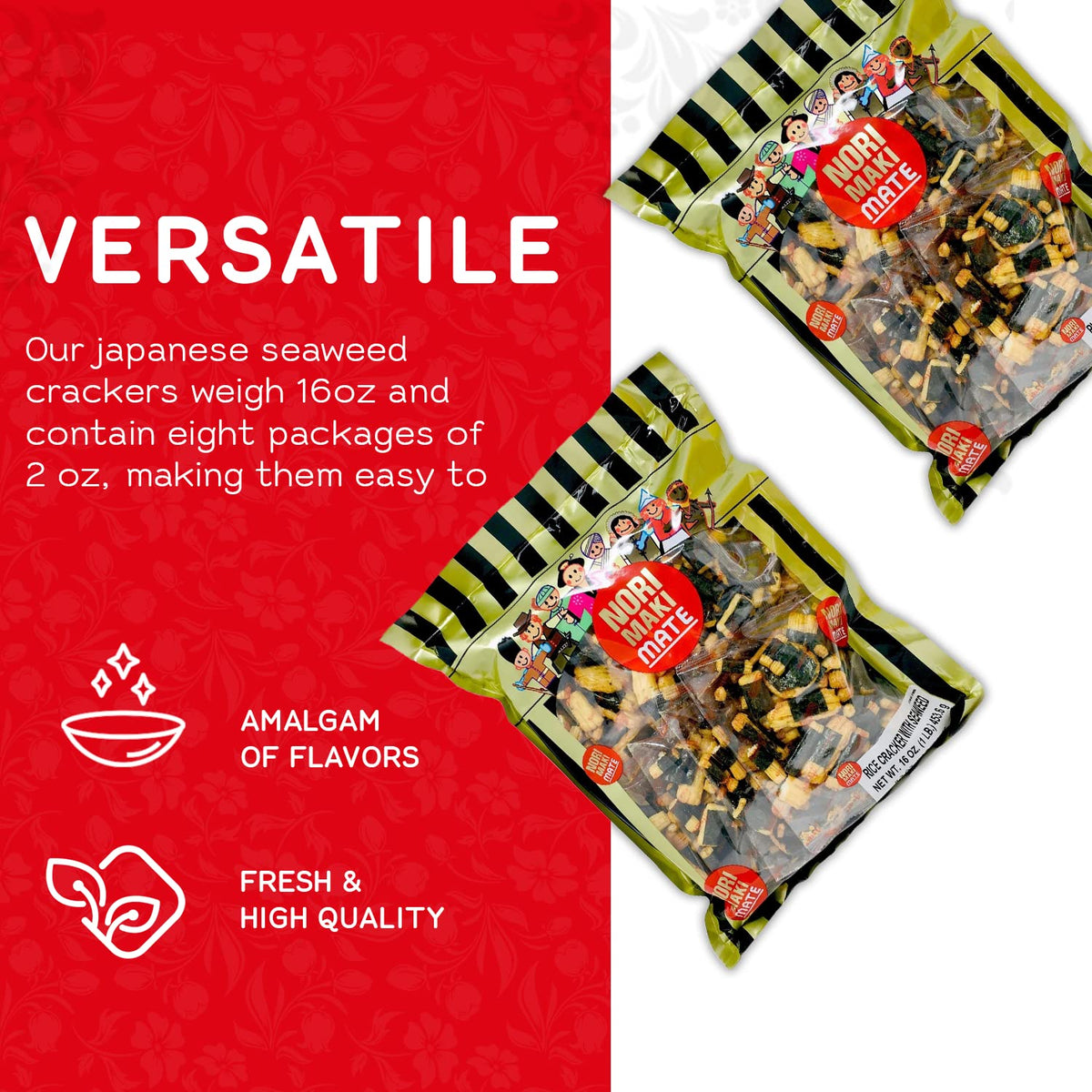 Shirakiku Norimaki Arare Mate - Crispy Japanese Rice Cracker | Glutinous Rice, Soy Sauce and Seaweed | Low Carb Rice Cracker Snacks, Seaweed Flavor 16 Oz - (Pack of 1)