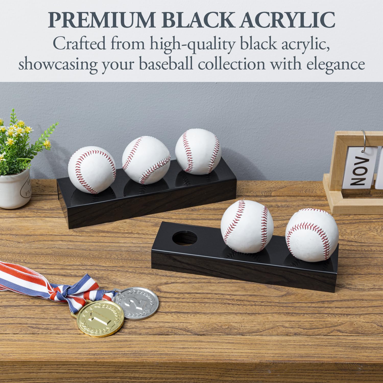 MyGift Set of 2 Premium Black Acrylic Baseball Collection Display Stands, Tabletop Sports Ball Holder Racks for Collectible Signed Baseballs, Holds 6 Balls