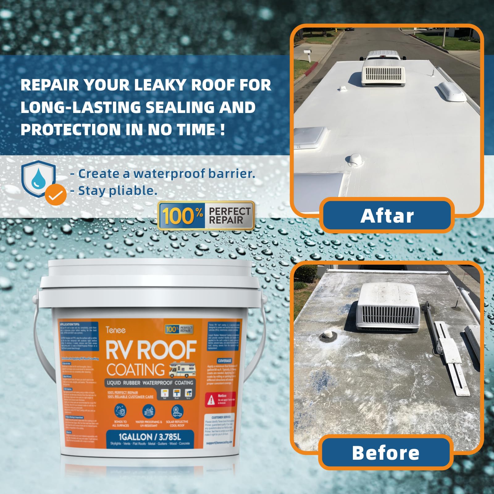 RV Roof Coating White, Waterproof Liquid Flexible Rubber Repair Coating, Solar Reflective Sealant for Easy Insulation & Leak Repair, Camper RV Roof Sealant for Metal Building, Trailer, Motorhome