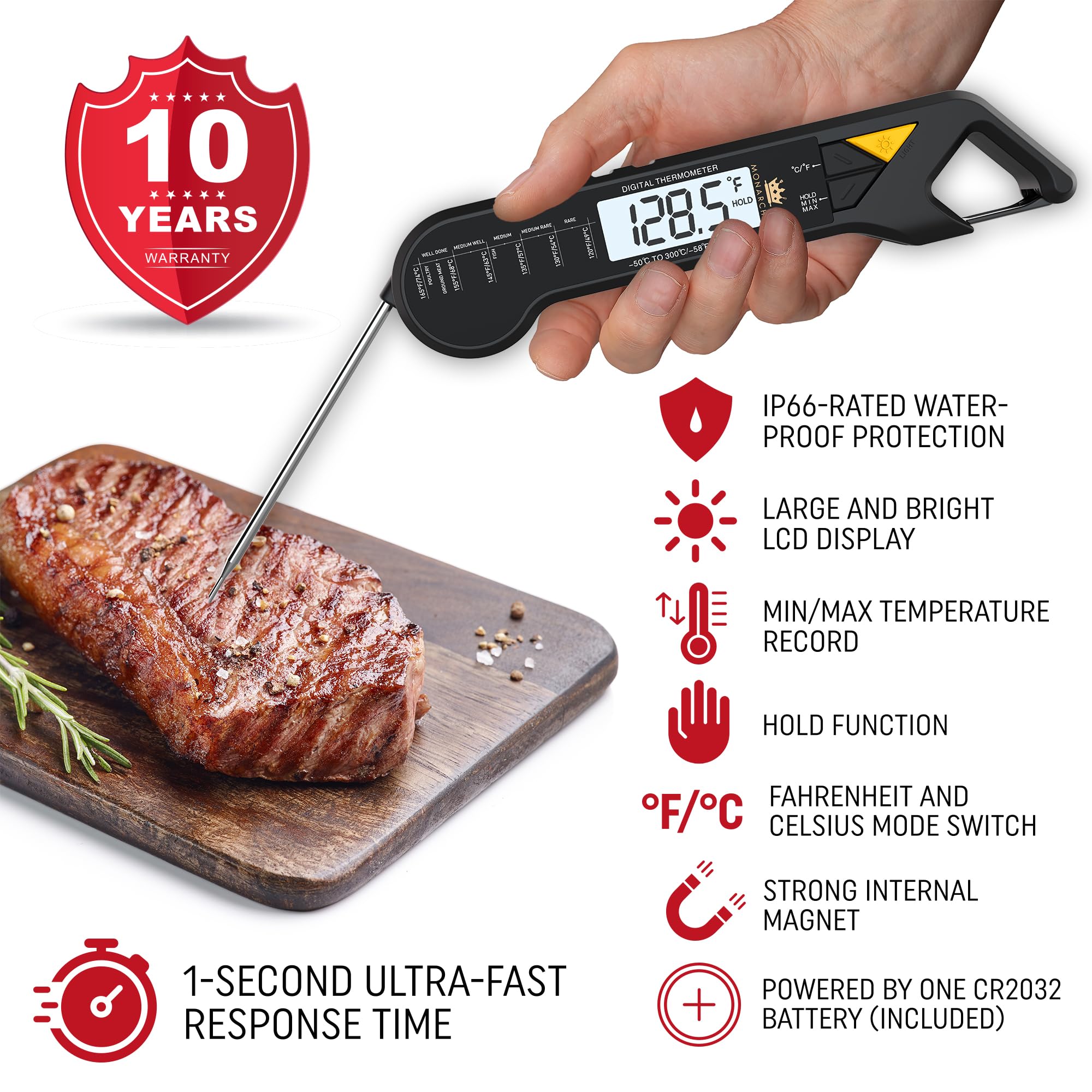 Professional Meat Thermometer - Instant Read Food Thermometer with Waterproof Design, Backlight, Hold/Min/Max Function - Cooking Thermometer for Grilling, BBQ, Kitchen Use, Ideal Gift for Him or Her