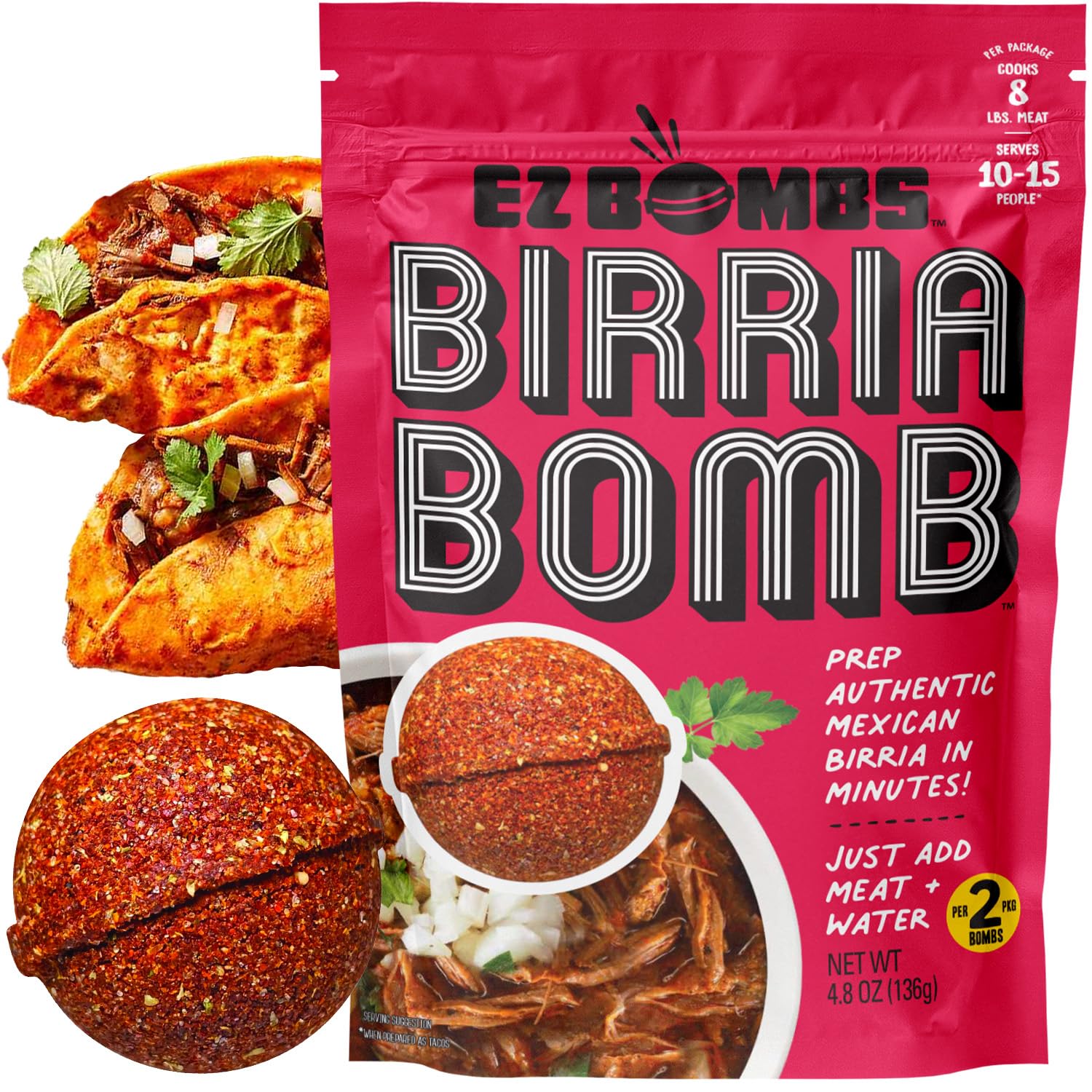 EZ Bombs Birria Bomb Seasoning, Pack of 2 – Authentic Mexican Spice Mix for Tacos, Burritos, Nachos, and Quesadillas – Made with Real Chiles, Herbs, and Spices for Quick and Flavorful Meals