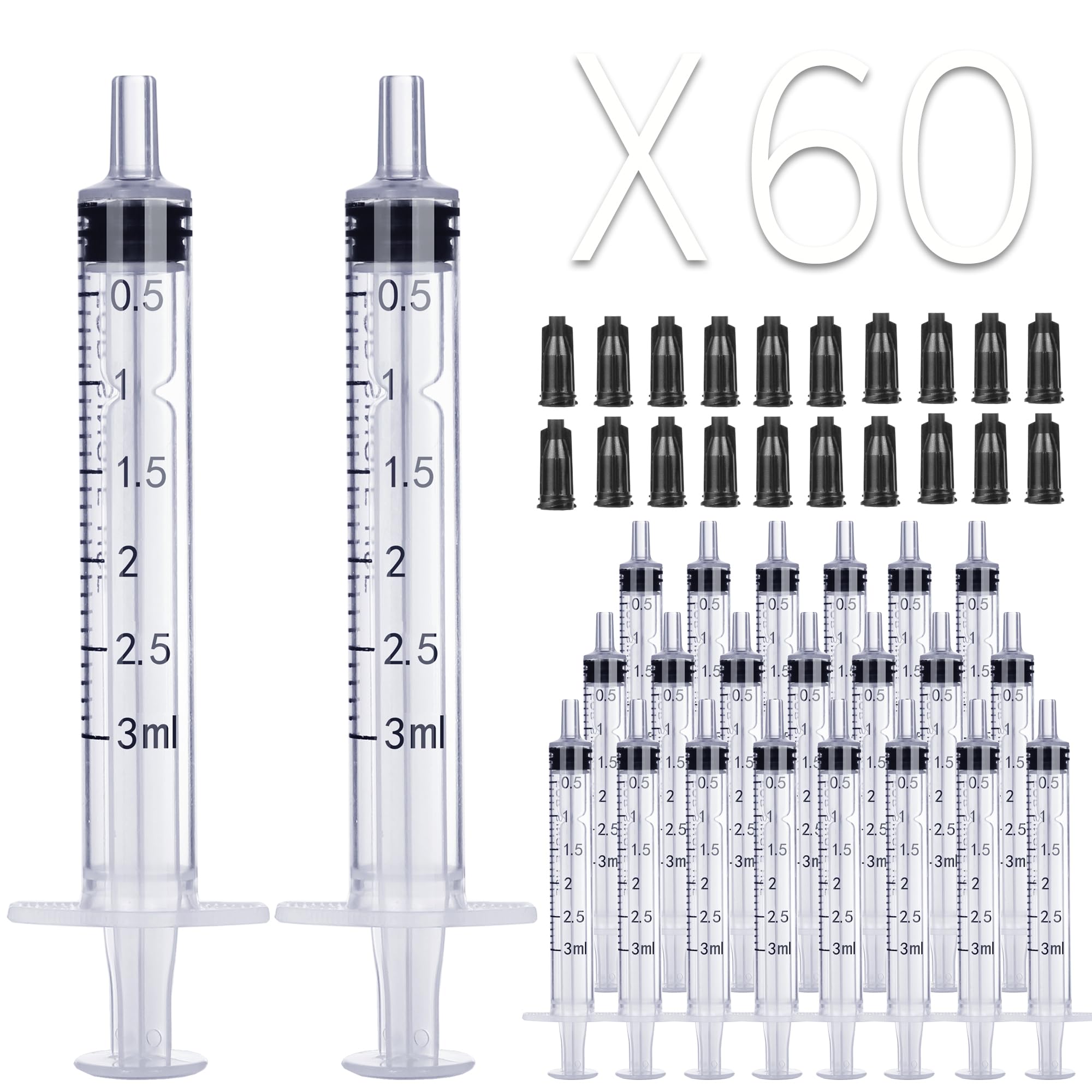 3ml Syringe Without Needle - 3 ml Small Plastic Syringes Sterile Individually Packed with Cap for Lab Medicine Student Measuring Liquid and Pet Dog Cat Baby Feeding Oral Colostrum ( 60 Pack 3cc /ml )