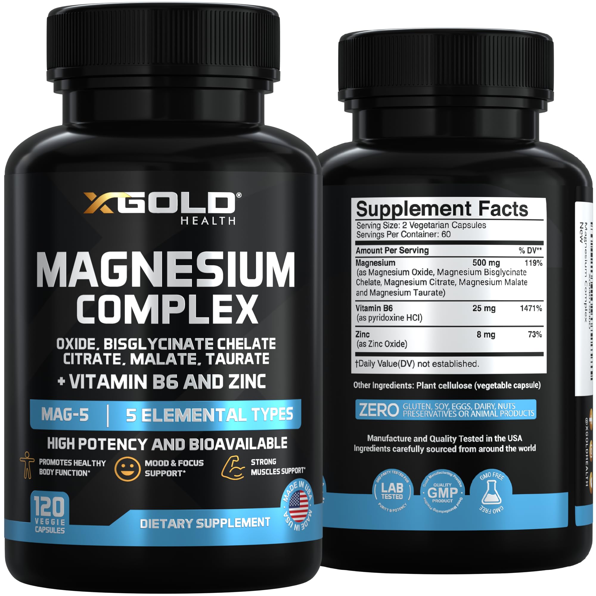 Micronized Magnesium Complex Plus B6 | Zinc Magnesium Oxide, Bisglycinate Chelate,Citrate, Malate | Taurate | Bones, Muscle, Energy,Immune System High Absorption - Made in The USA