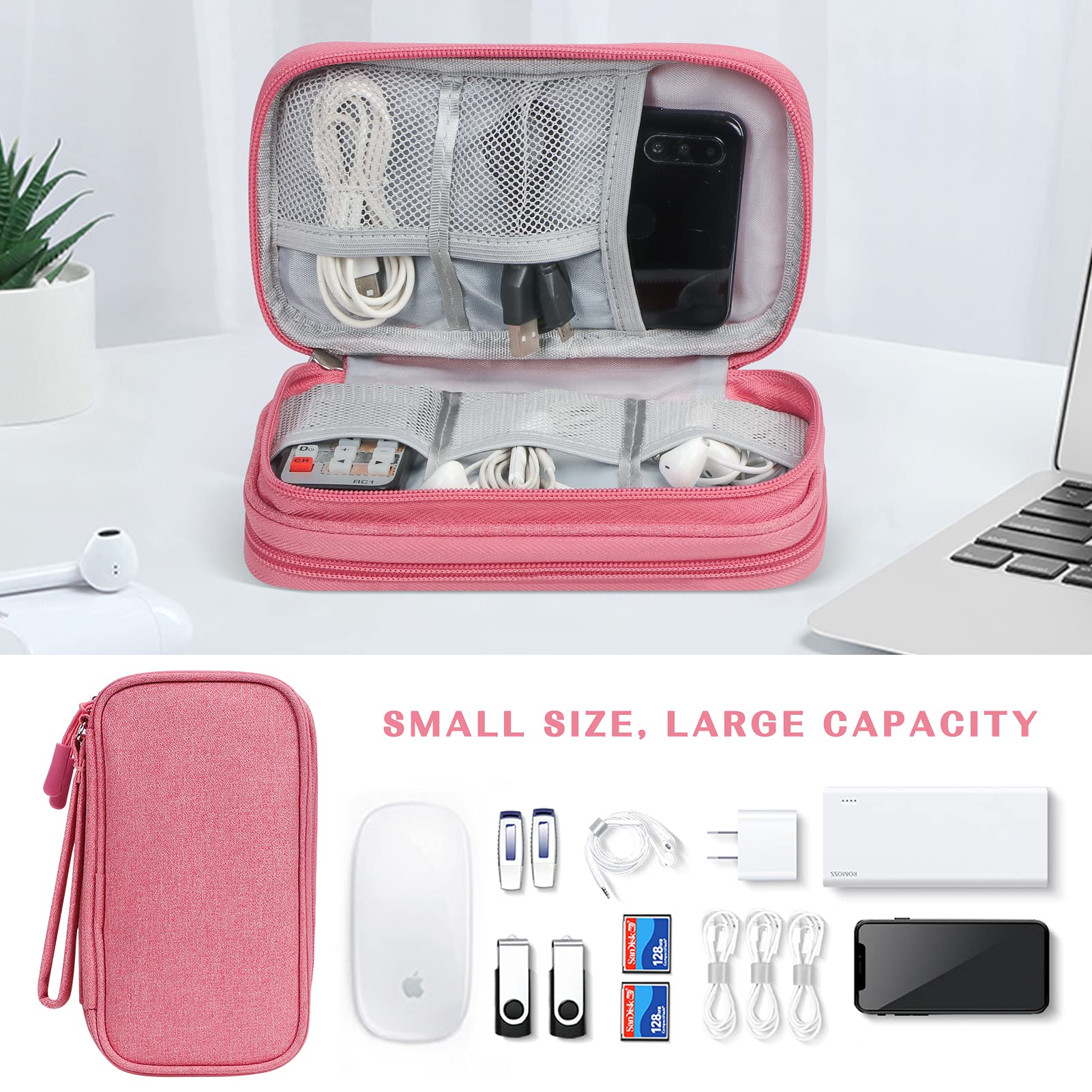 FYY Electronic Organizer, Travel Bag, Pouch, Carry Case Portable Waterproof Double Layers for Cable, Cord, Charger, Phone, Earphone Pink