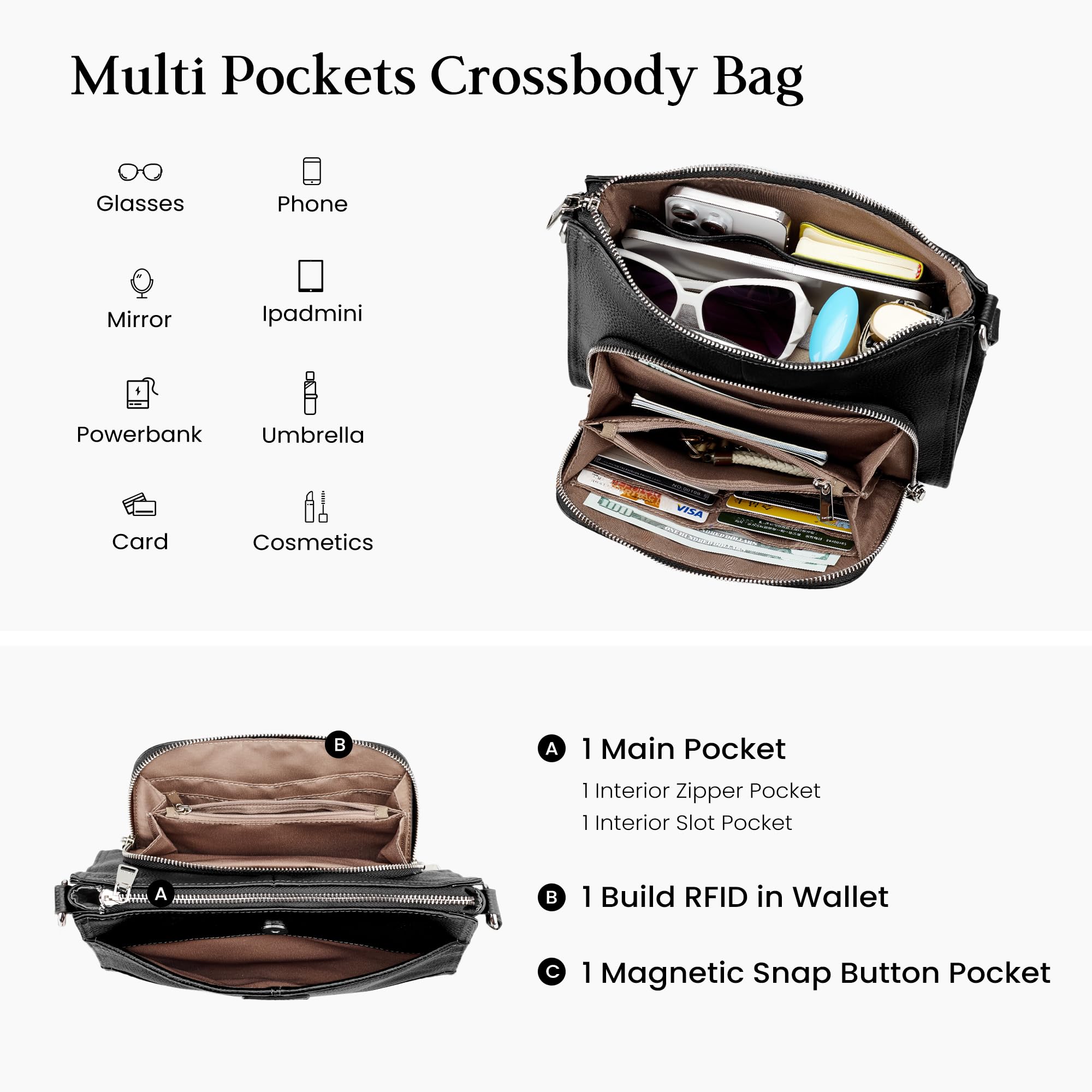 befen Black Genuine Leather Crossbody Bags for Women, Womens Small Anti-Theft Crossbody Purse with Built in RFID Blocking Wallet for Travel