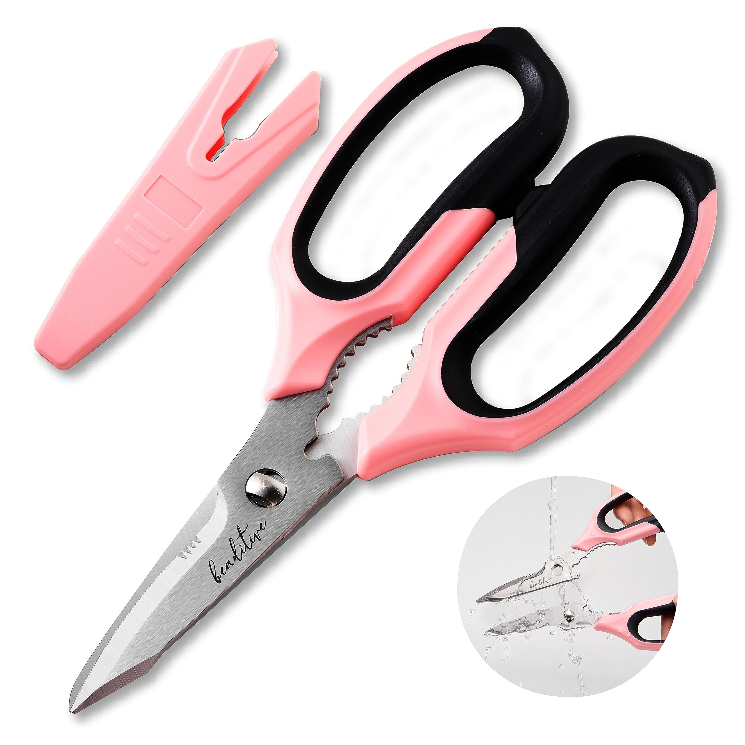 Beaditive Multi-Purpose 8" Kitchen Shears - Detachable, Serrated Blades, Japanese Stainless Steel - Ergonomic Handle, Protective Cover - Dishwasher Safe