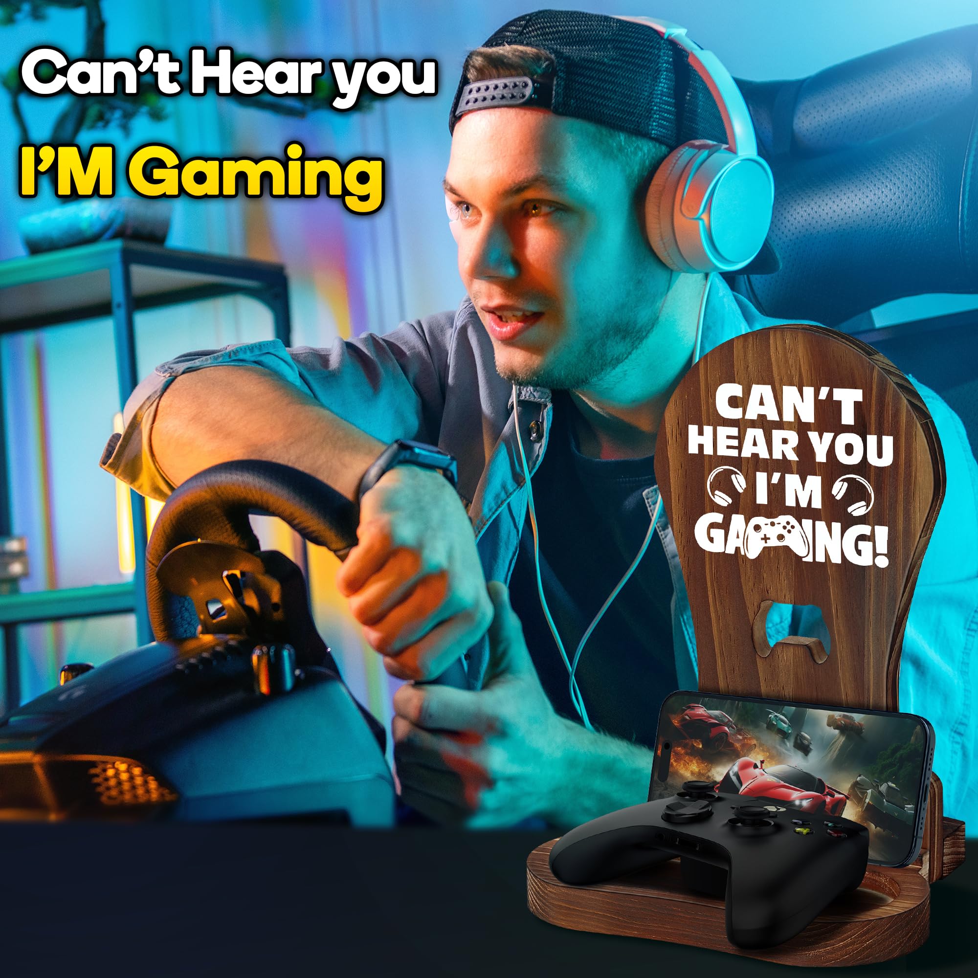 Slothoem-Gamer Gifts for Teenage Boy, Gamer Room Decor for Man, Best Gifts for Son, Boyfriend, Husband, Gaming Accessories, Wooden Gaming Headset Stand for Gaming Desktop- Can't Hear You I'm Gaming