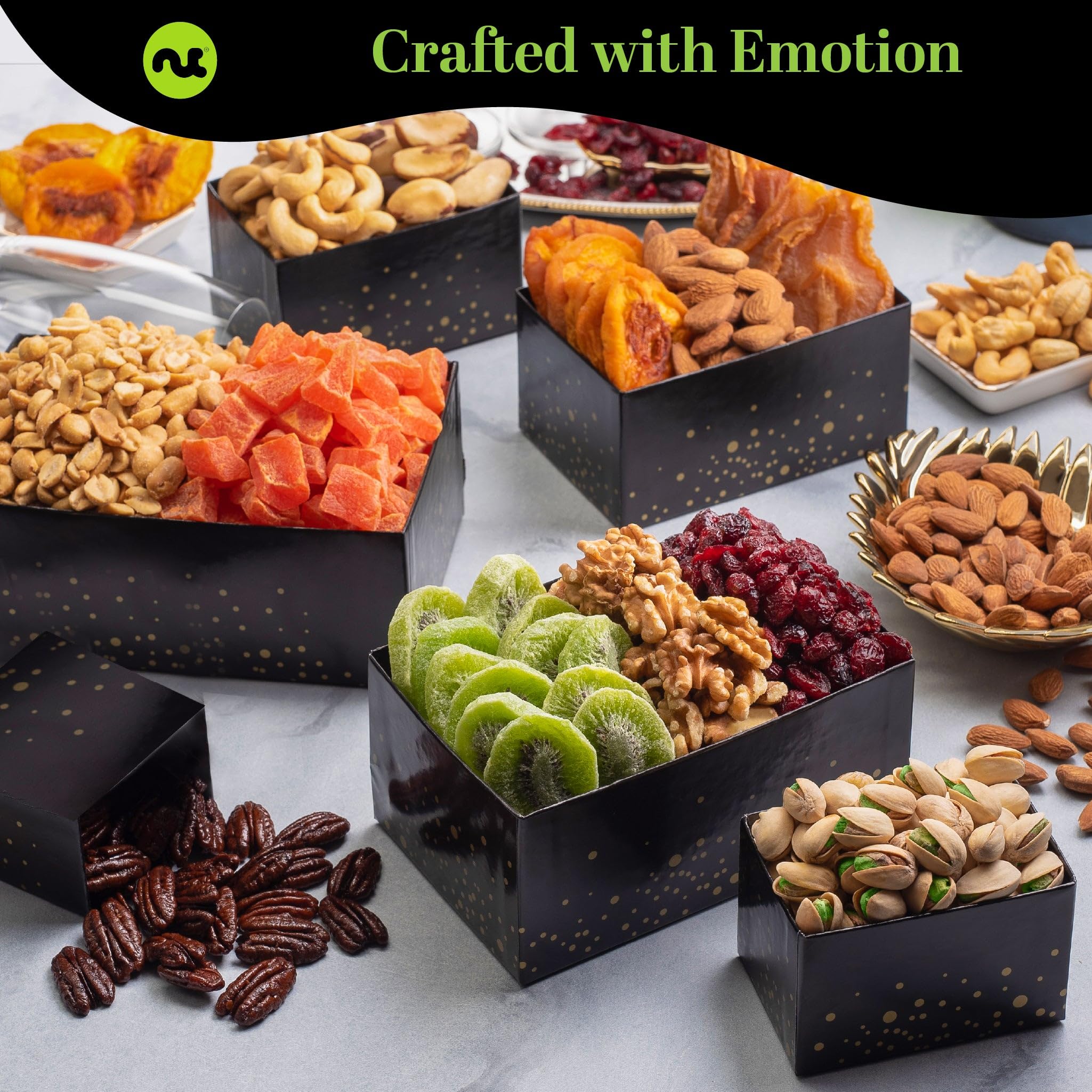 NUT CRAVINGS Gourmet Collection Holiday Christmas Dried Fruit & Mixed Nuts Gift Basket Black Tower + Ribbon (12 Assortments) Xmas Kwanzaa Arrangement Platter Bday Care Package Healthy Kosher Corporate