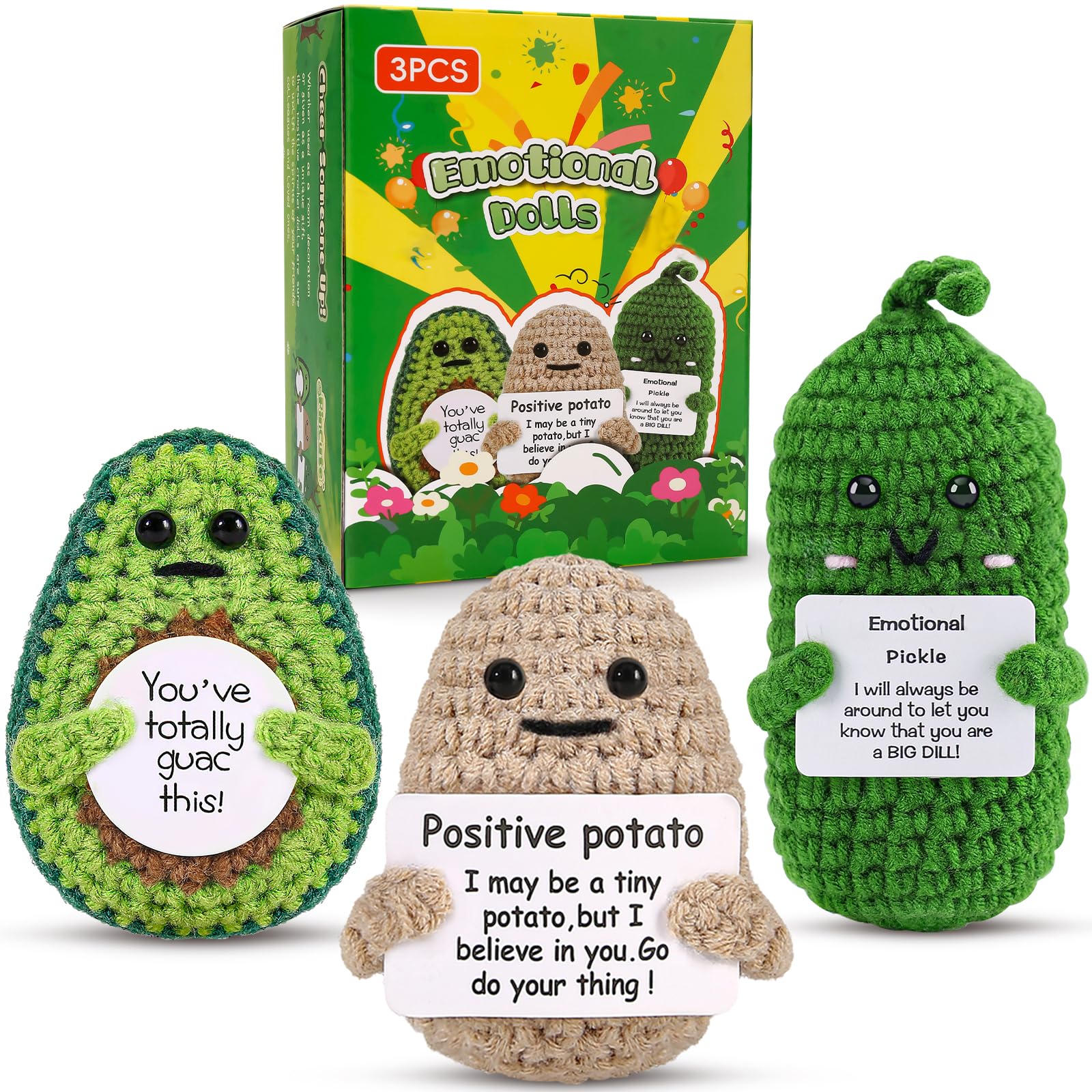 Valentine's Day Gifts for Her Him Emotional Potato Pickle: 3Pcs Funny Crochet Dolls with Cheer Up Cards - Birthday Gifts for Women Friends Coworkers Girlfriend Wife Mom(Potato,Pickle,Avocado)