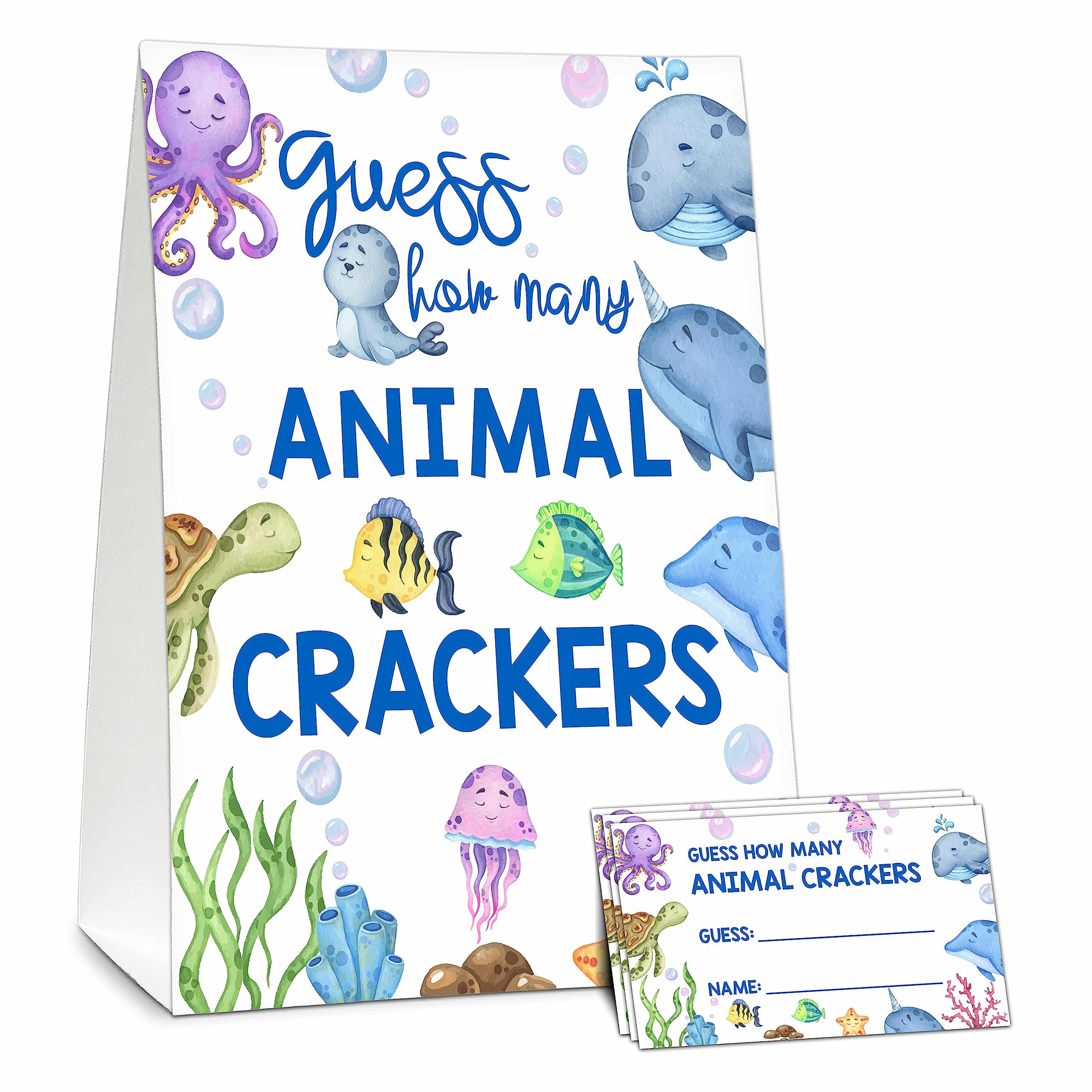 Under the Sea Baby Shower Game Set, Guess How Many Animals Crackers Game, 1 Sign with 50 Cards For Baby Shower Party Supplies - F04