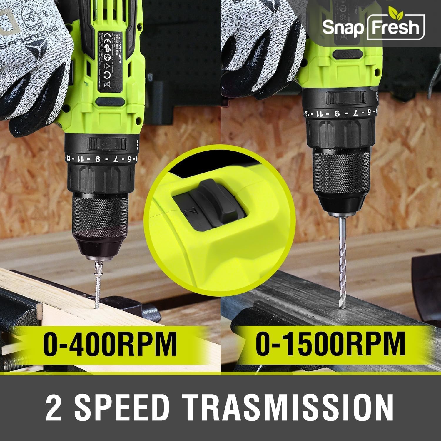 SnapFresh 20V Cordless Impact Drill-1/2" Power Drill/Driver Set,445in-lbs Torque Max,2 Variable Speeds, 43Pcs Bits w/case,2.0Ah Battery & Fast Charger Included, Power Tools
