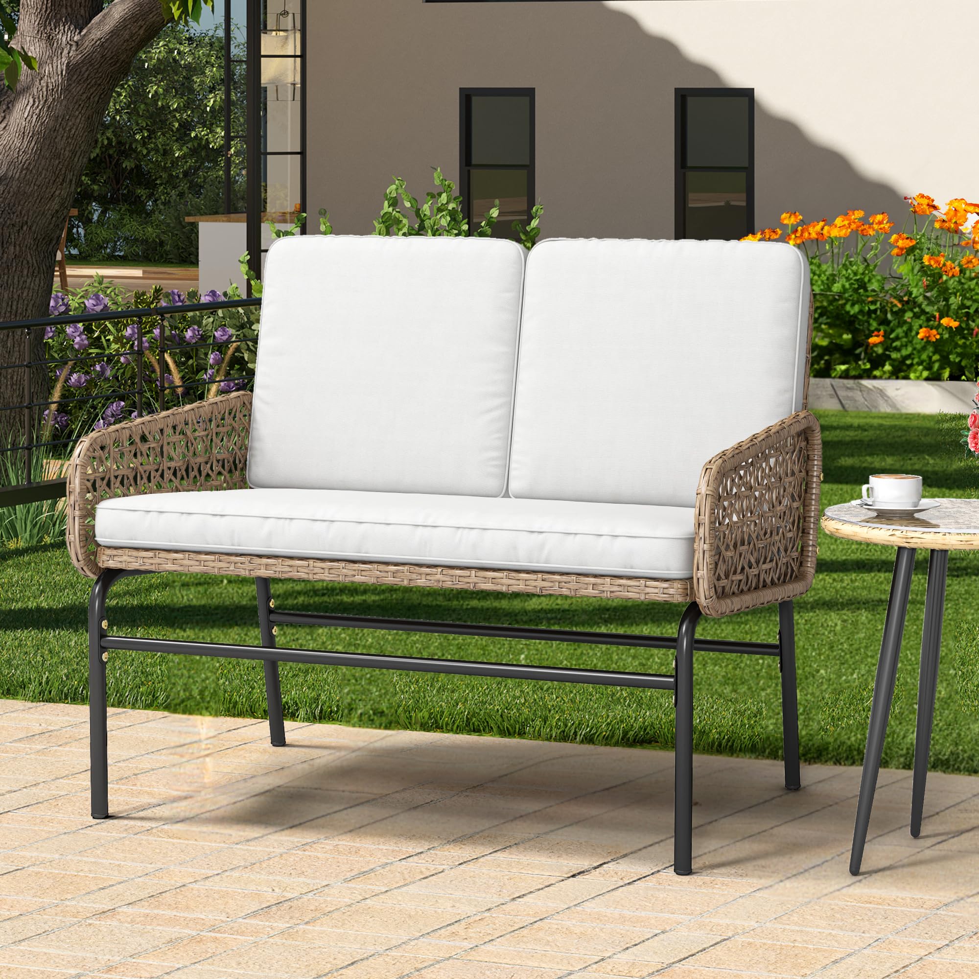 YITAHOME Patio Loveseat Wicker Outdoor Furniture, All Weather Rattan Conversation Loveseat for Backyard, Balcony and Deck with Soft Cushions, Light Brown+Beige