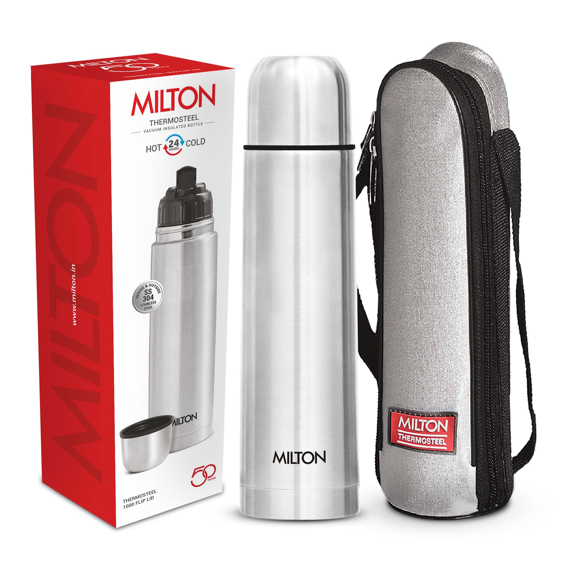 Milton Thermosteel Flip Lid 1000, Double Walled Vacuum Insulated Thermos 1000 ml | 34 oz | 1 Ltr | 24 Hours Hot and Cold Water Bottle with Cover, Stainless Steel, BPA Free,Leak Proof | Silver