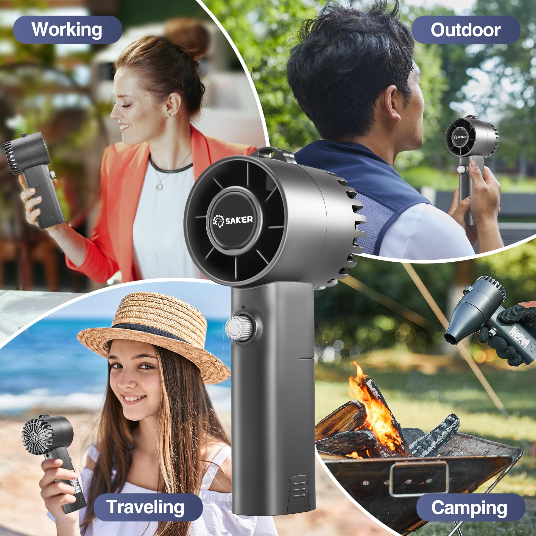 Saker Handheld Turbo Fan - 8800mAh Portable Personal Fan, 100 Speeds Adjustable, USB Rechargeable with 2 Replaceable Batteries for Travel/Sport/Camping