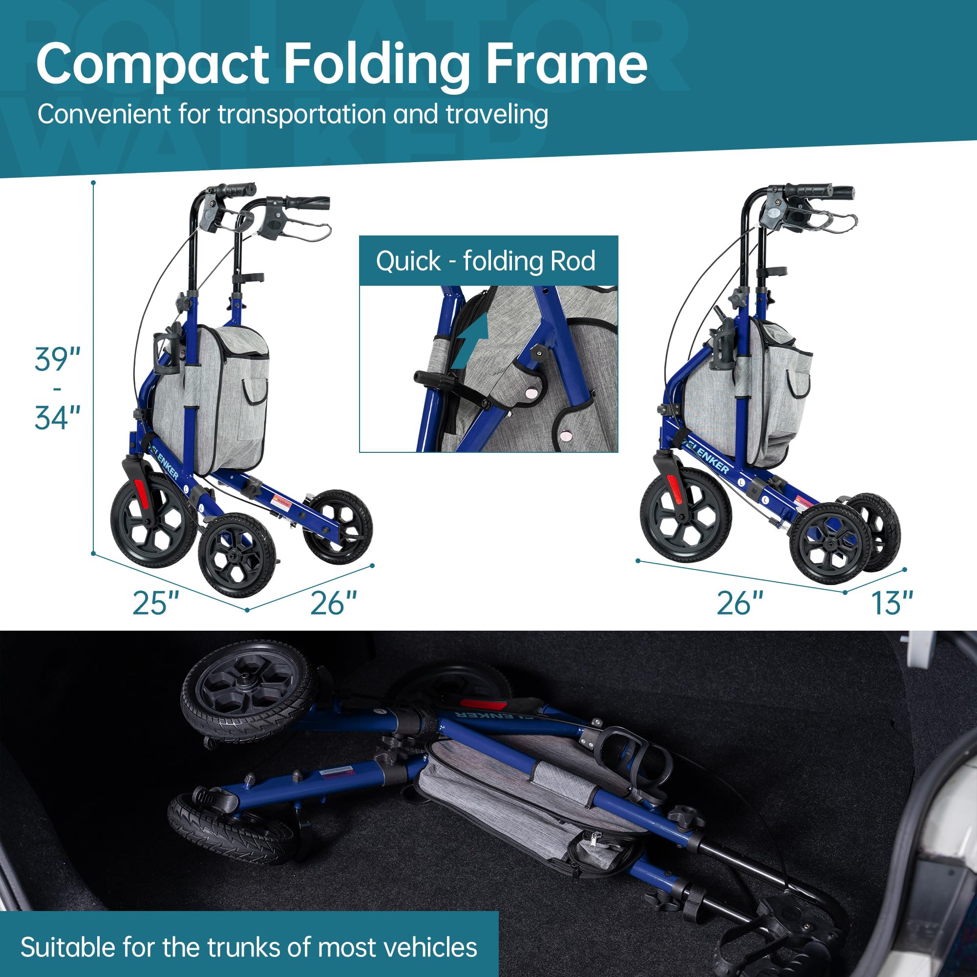 ELENKER All Terrain 3 Wheel Walkers for Seniors, 3 Wheeled Rollator with 10” Wheels, Narrow Walkers for Small Spaces, Compact Folding, Ideal for Traveling, Blue