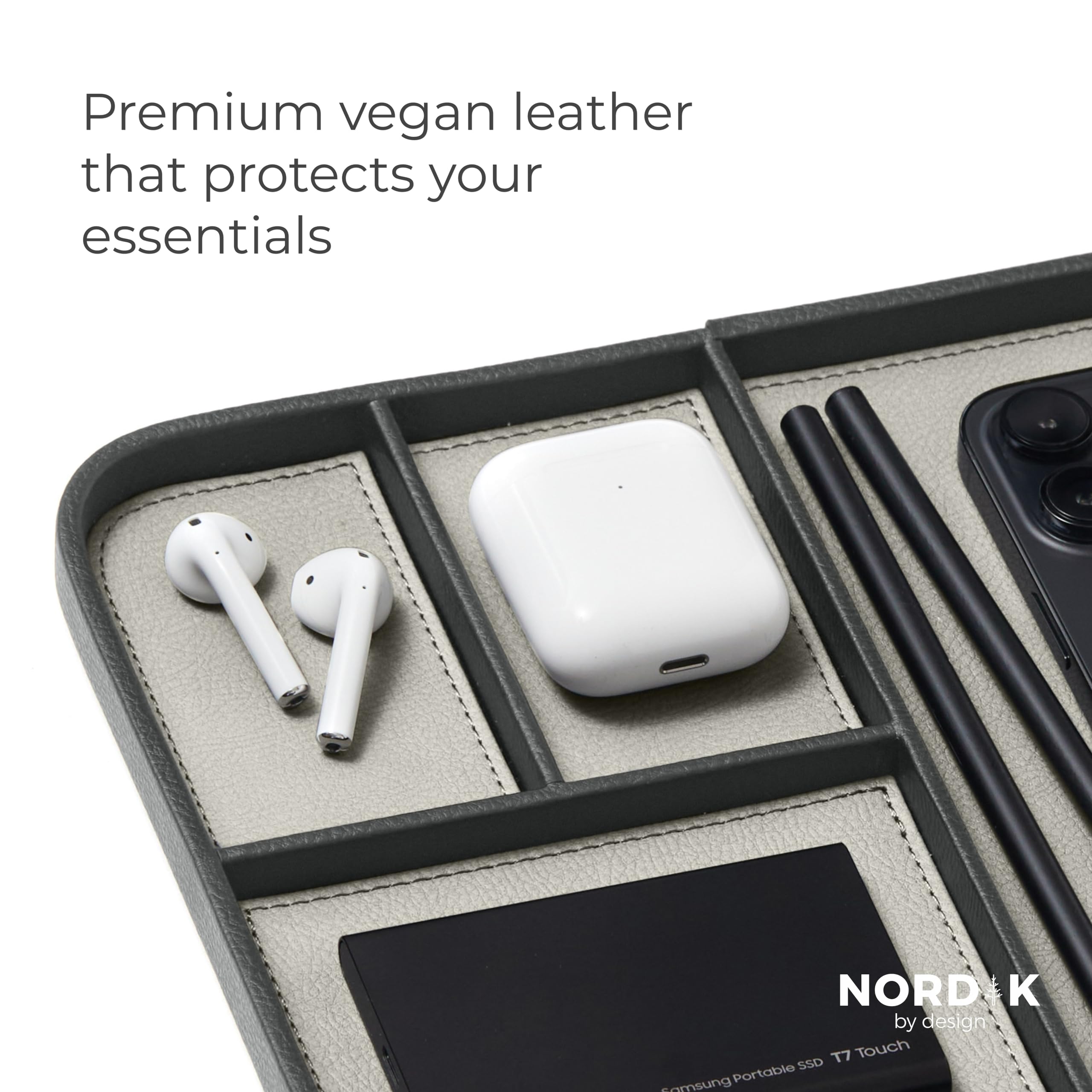 Nordik Leather Valet Tray - Sahara Gray - Premium Vegan Leather Stylish and Organised Nightstand Tray for Men - EDC Catchall Tray for Keys, Watch, Wallet, Jewellery - Modern Bedside Caddy