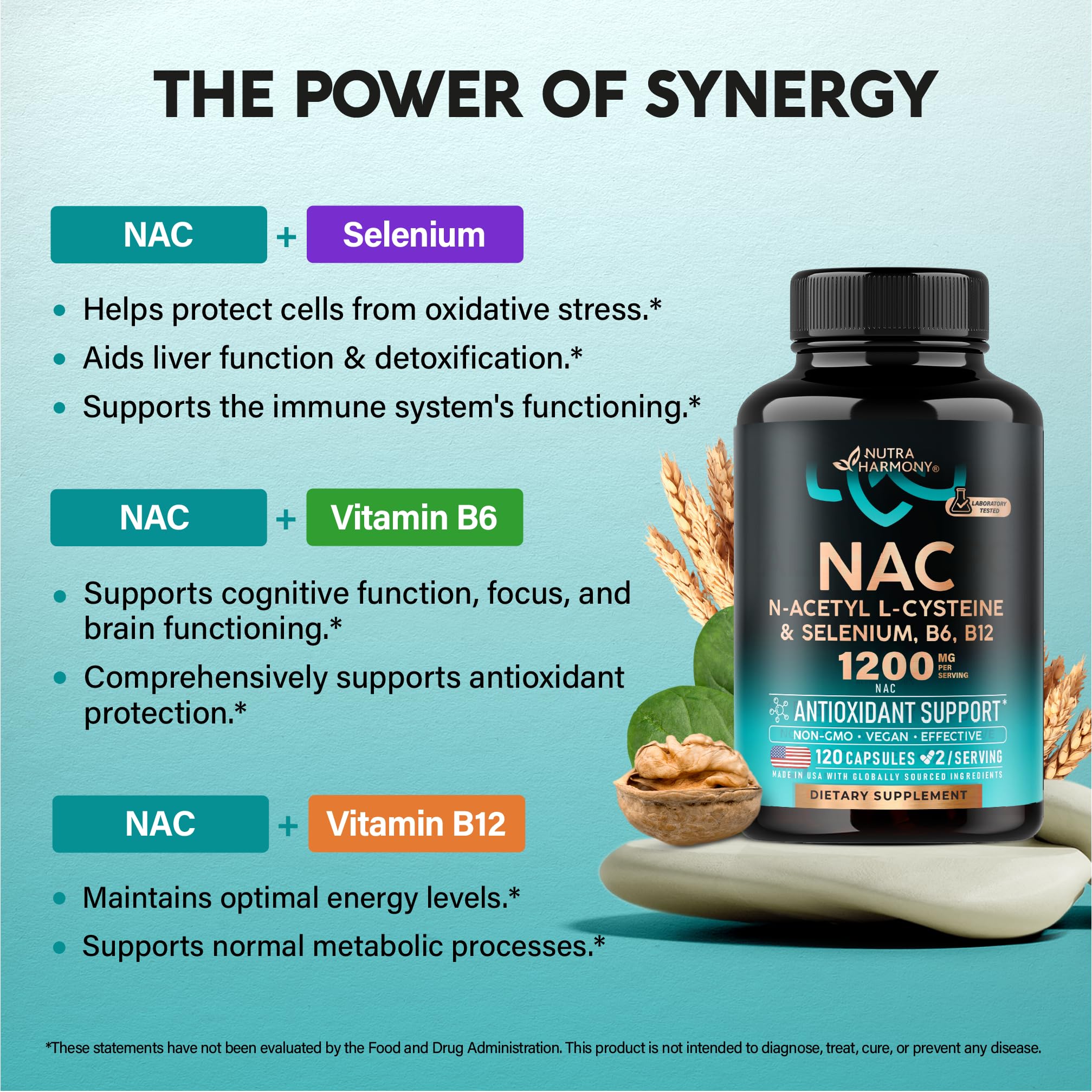 NAC Supplement | Selenium | B6 | B12 - Antioxidant, Immune Support - N Acetyl Cysteine 600 mg per Capsule, 1200 mg per Serving - Made in USA - Non-GMO, Gluten-Free, Vegan - 120 caps, 2 Month Supply