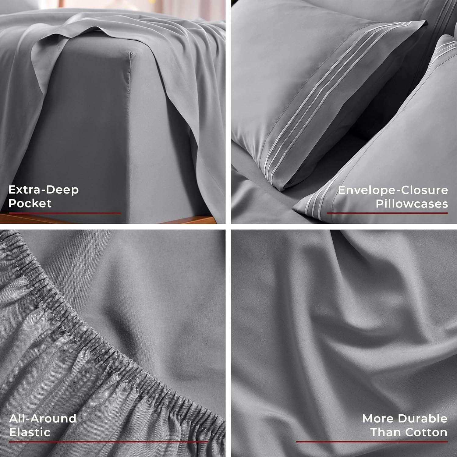 Mellanni 4PC Bed Sheet Set + 2 Pillowcases Bundle&Save - Iconic Collection Bedding - Bundle Includes: 1 Flat Sheets, 1 Fitted Sheet and 4 Pillow Cases (Queen, Light Gray)