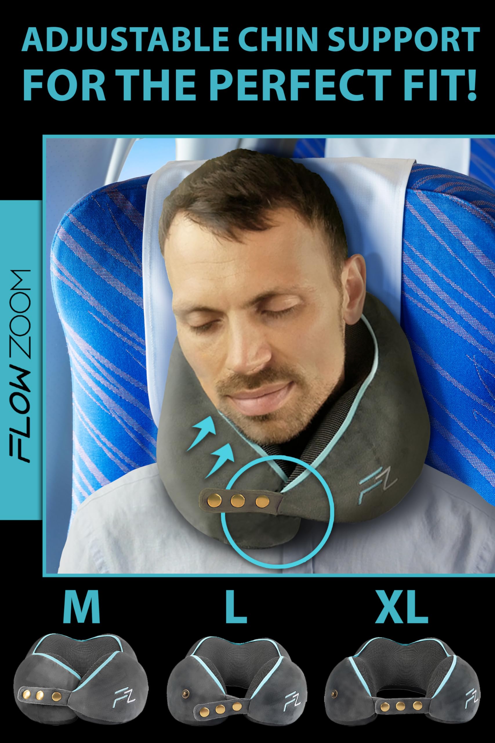 FLOWZOOM Travel Pillow Memory Foam - Airplane Neck Pillow for Long Flight - Travel Pillows for Airplanes - Adjustable Travel Neck Pillow - Flight Pillow - Car & Plane Pillow - Adults, Grey