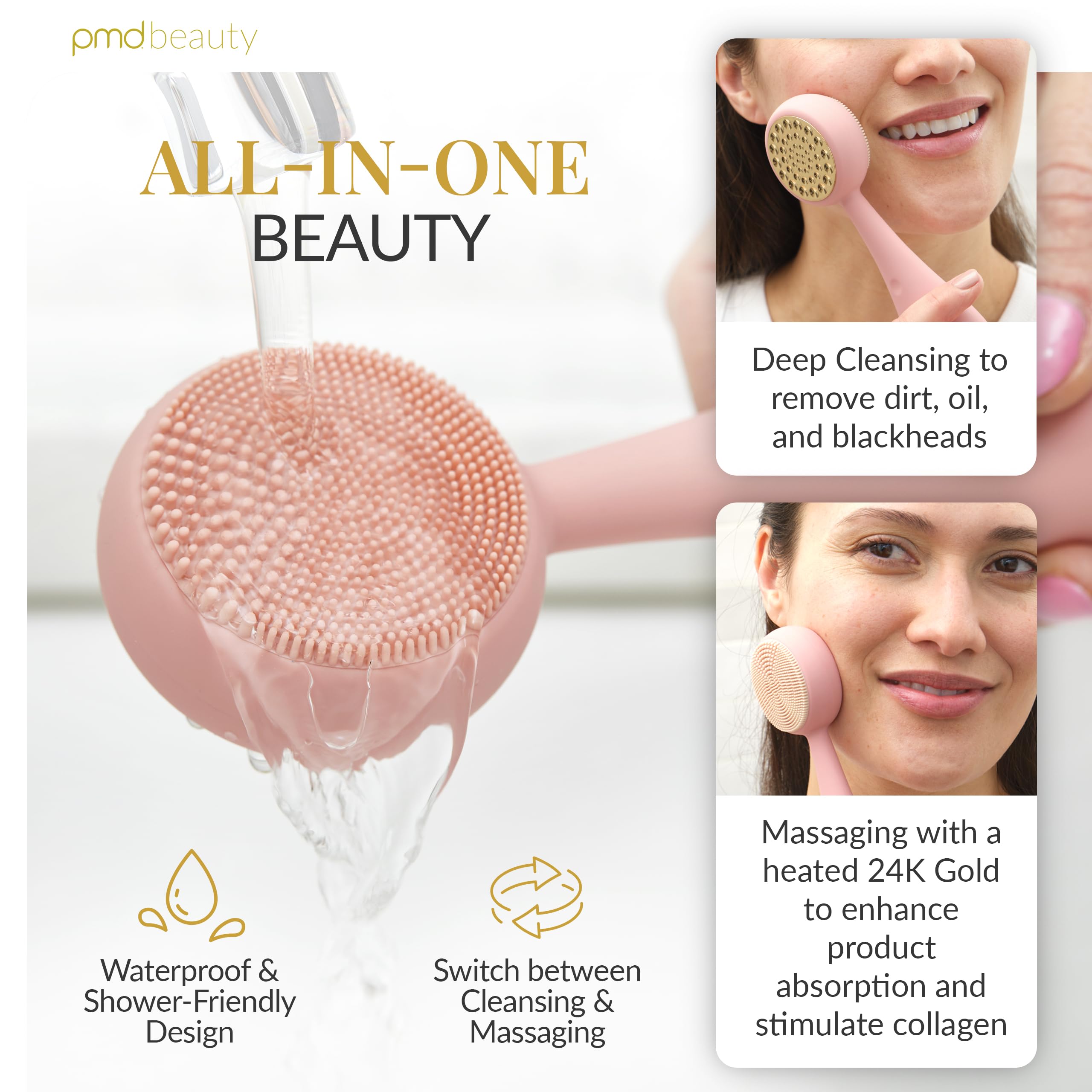 PMD Beauty Clean Pro - Electric Facial Cleansing Brush, Smart Facial Device with Silicone Brush & Heated Anti-Aging Aluminum, Gemstone, Precious Metal Massager