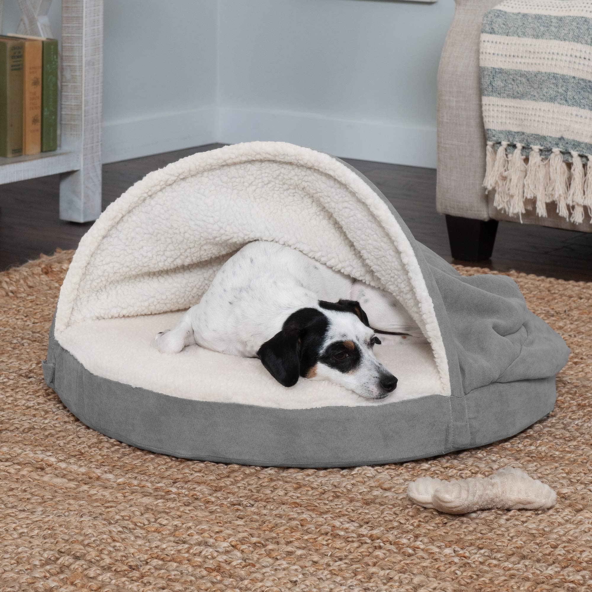 Furhaven 26" Round Orthopedic Dog Bed for Medium/Small Dogs w/ Removable Washable Cover, For Dogs Up to 30 lbs - Sherpa & Suede Snuggery - Gray, 26-inch