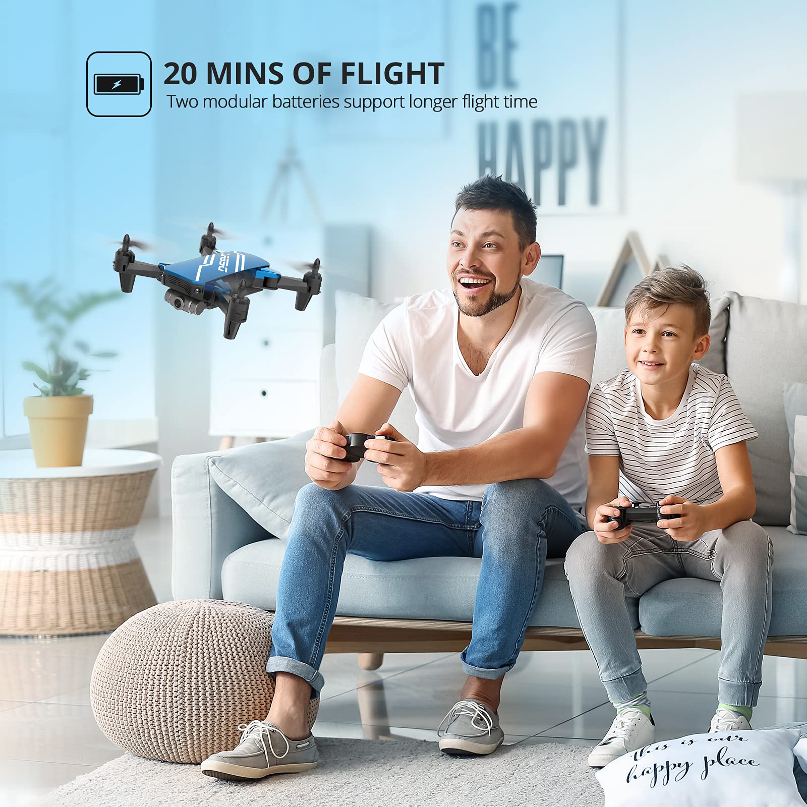 DEERC D20 Mini Drone with Camera for Kids, Remote Control Toys Gifts for Boys Girls with Voice Control, Gestures Selfie, Altitude Hold, Gravity Control, One Key Start, 3D Flips 2 Batteries, Blue