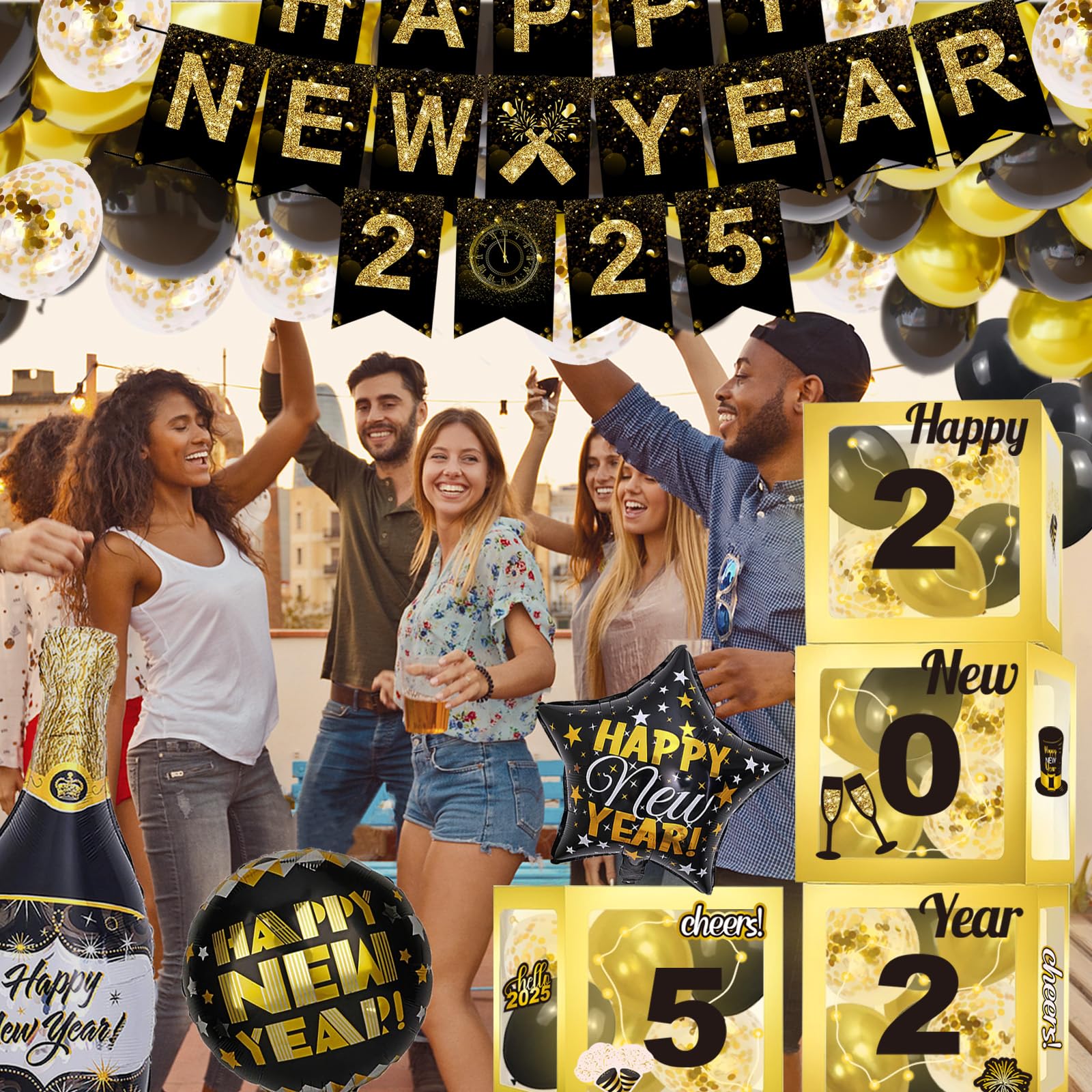 Happy New Year Party Decoration 2025 - Black and Gold Party Balloon Boxes Supplies - Includes Balloon Boxes, Balloon, Light Strings, Banner, Foil Balloon, New Years Eve Decor Kit