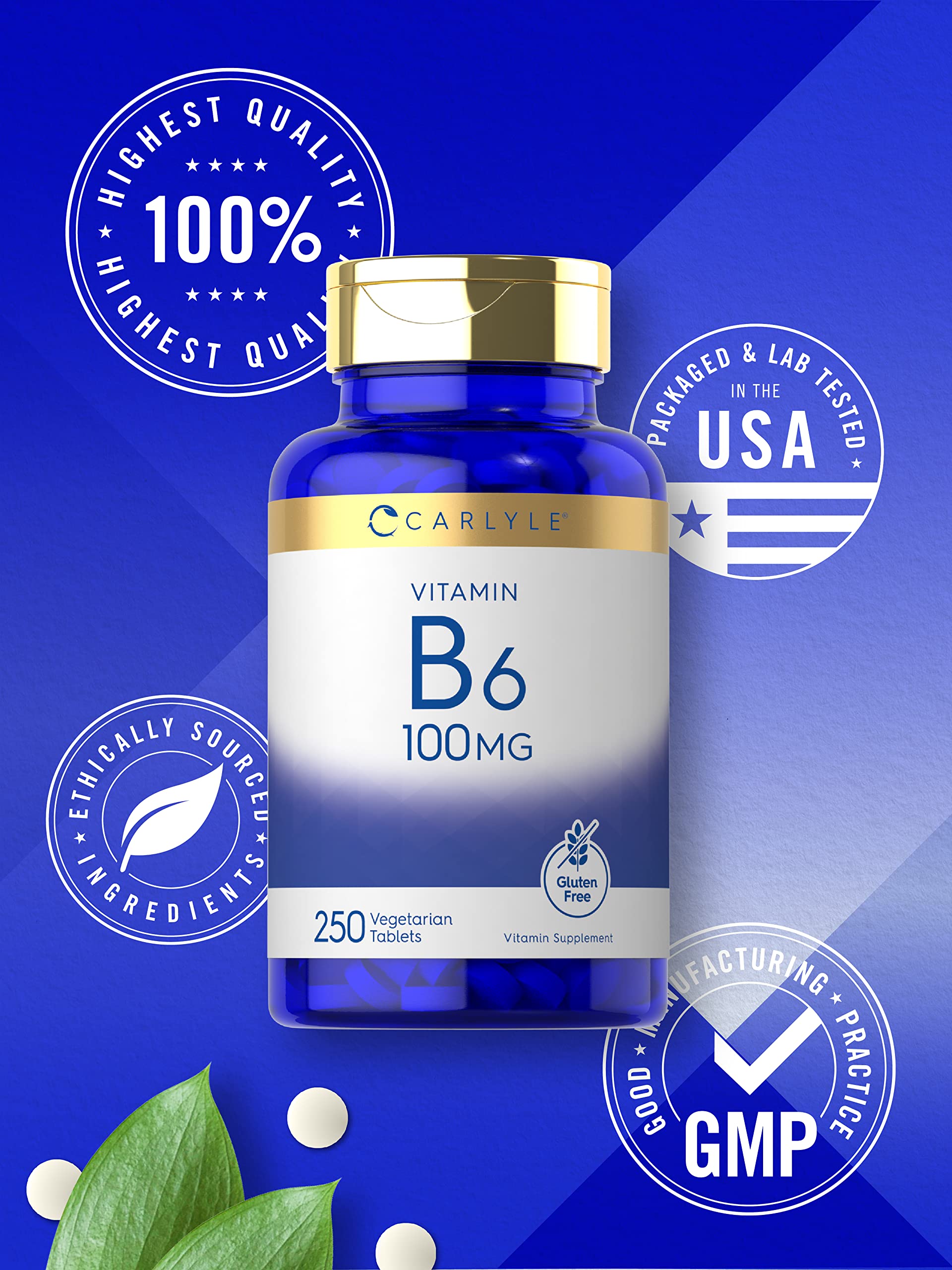 Carlyle Vitamin B6 100mg | 250 Tablets | Pyridoxine Hydrochloride Supplement | Vegetarian, Non-GMO, Gluten Free