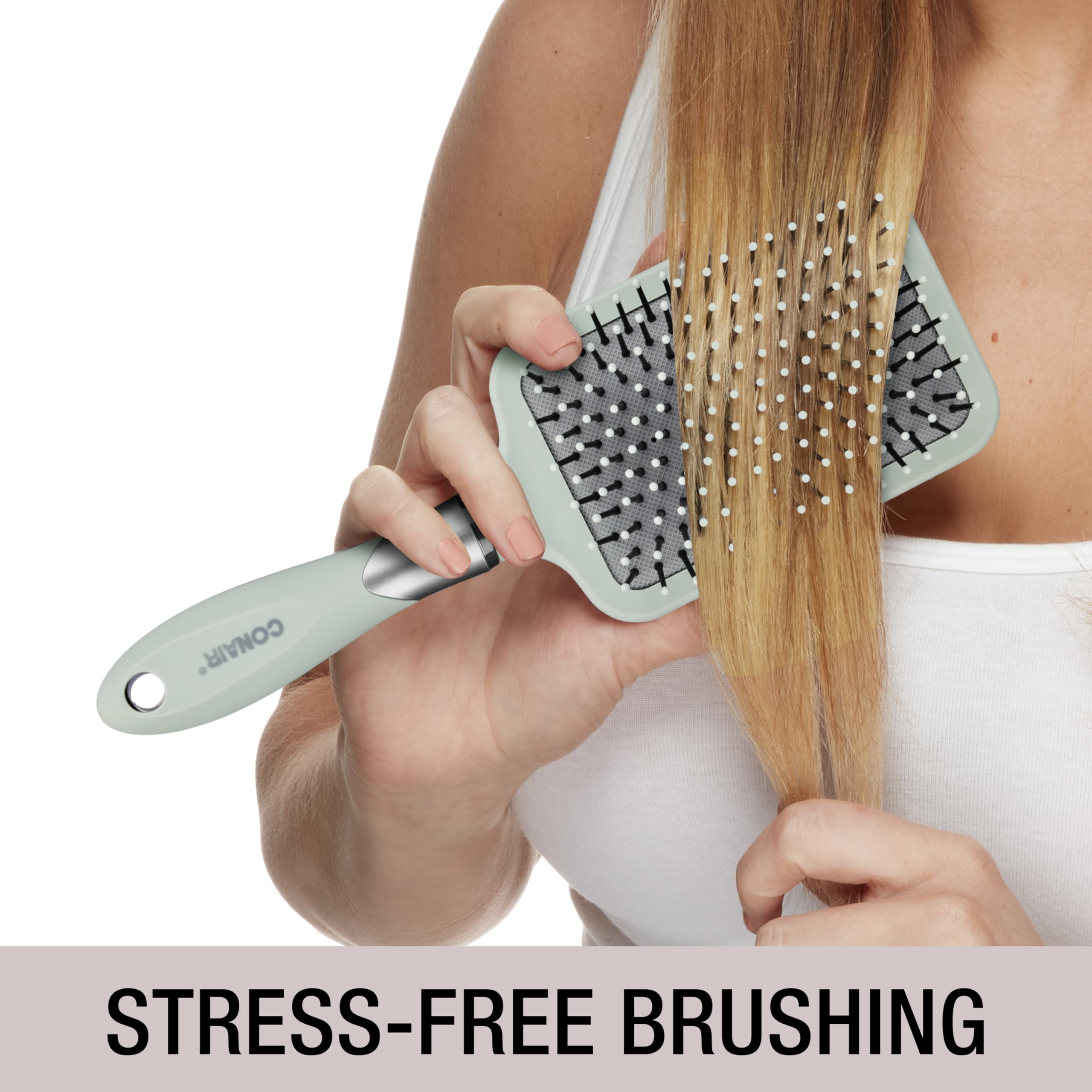 Conair Velvet Touch Paddle Cushion hair brush - Detangling hairbrush - curly or straight styles - men or women - detangler - features soft touch handle - Sage Green