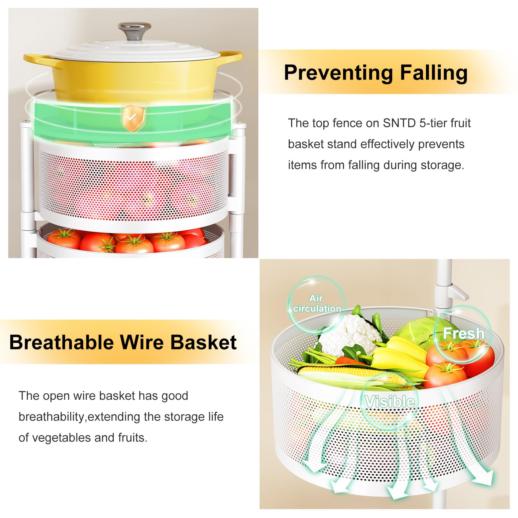 SNTD Fruit and Vegetable Basket Bowls for Kitchen with Metal Top Lid, 5 Tier Rotating Storage Rack Cart for Potato Onion Banana, Wire Basket Organizer on Wheels, Large (White)