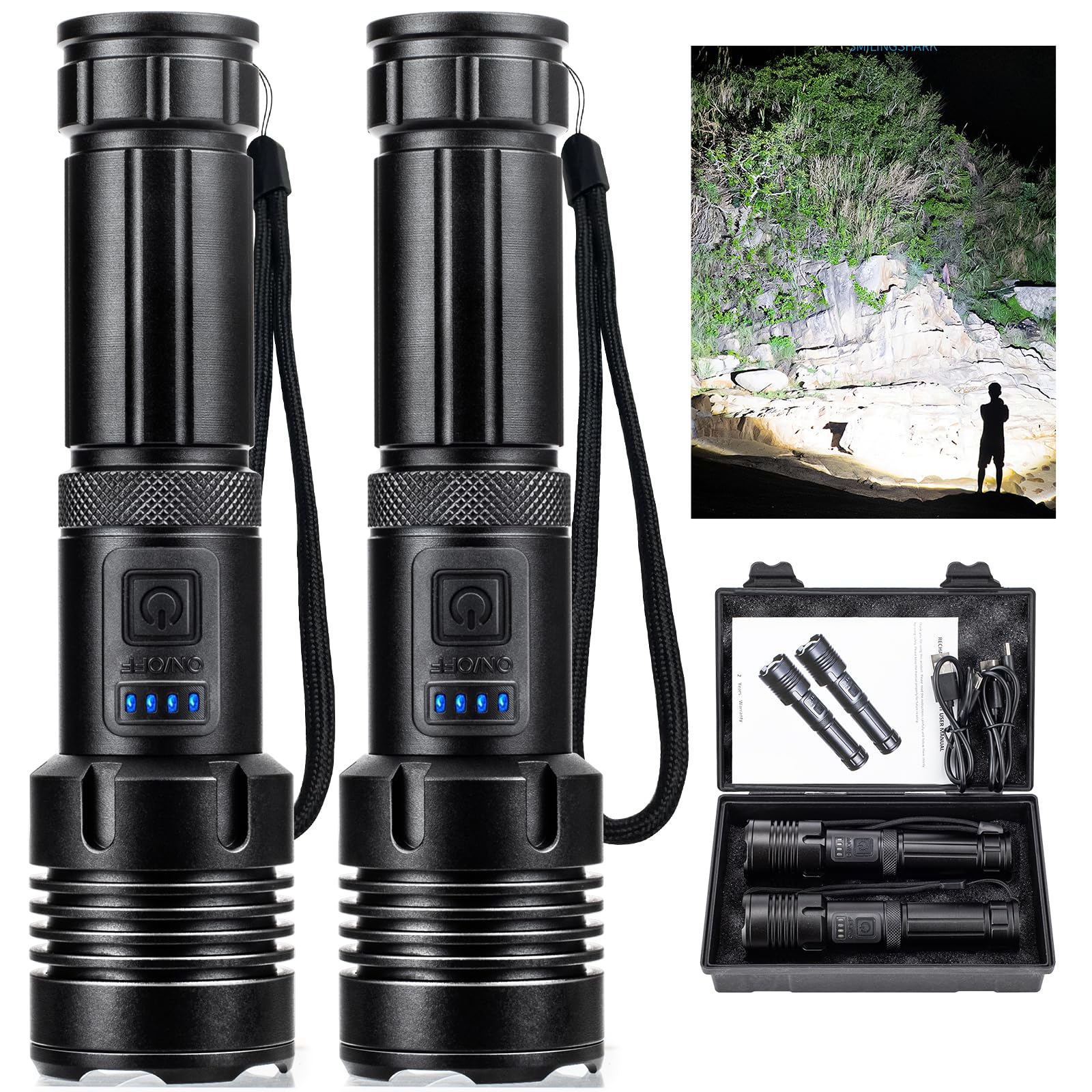 AURASEASON Flashlights 990,000 High Lumens 2 Pack, Super Bright LED Rechargeable Flashlight, 5 Modes, IPX7 Waterproof Flah Light for Emergencies, Camping