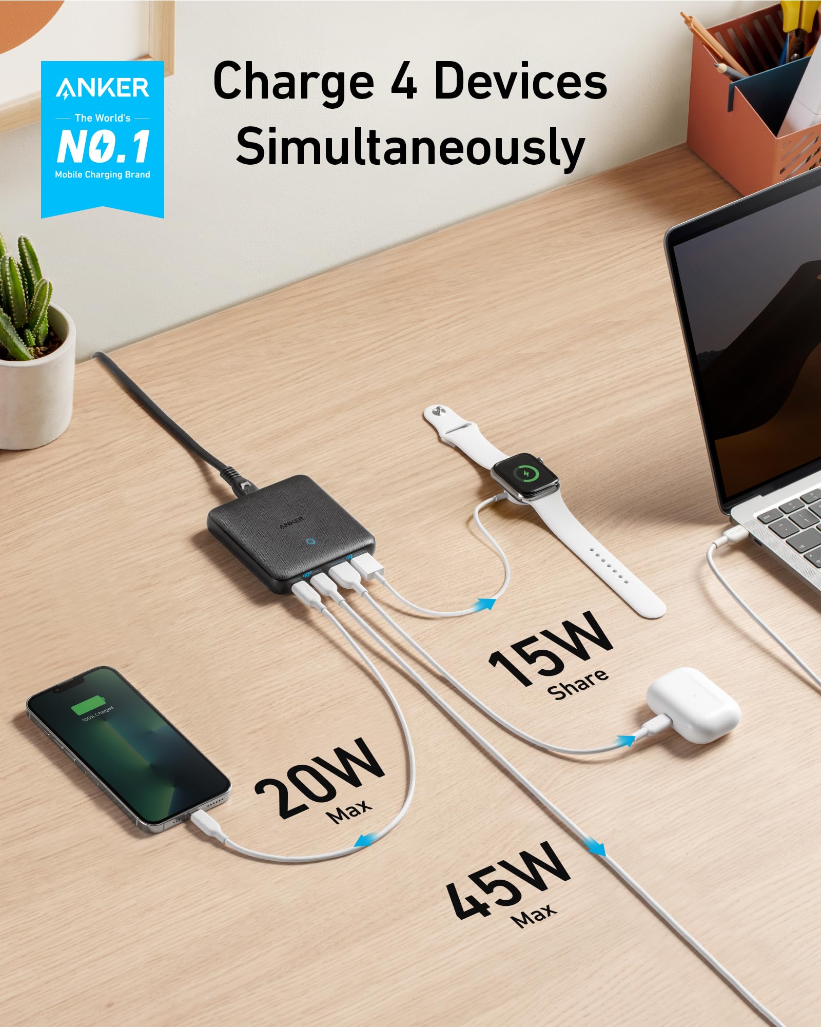 Anker USB C Charger, 543 (65W II), PIQ 3.0 & GaN 4-Port Slim Fast Wall Charger, with Dual USB C Ports (45W Max), for MacBook, Laptops, iPad Pro, iPhone and More