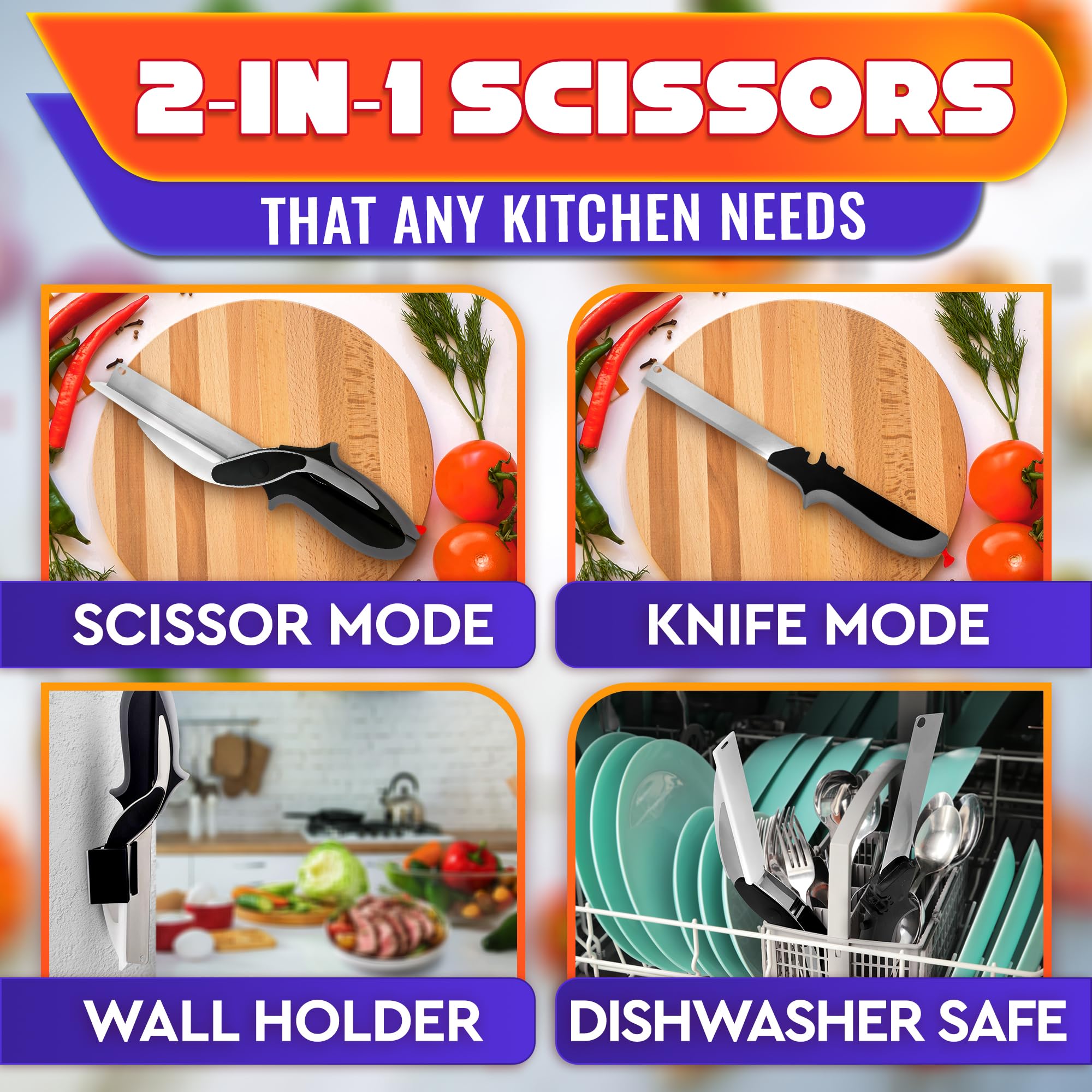 2 in 1 Kitchen Scissors for Food – Stainless Steel Blade & Plastic Cutting Board Scissors with Safety Lock | 9.5" Tomato Knife, Fruit & Vegetable Cutter – Easy-to-Use Kitchen Shears for Meat, Cheese